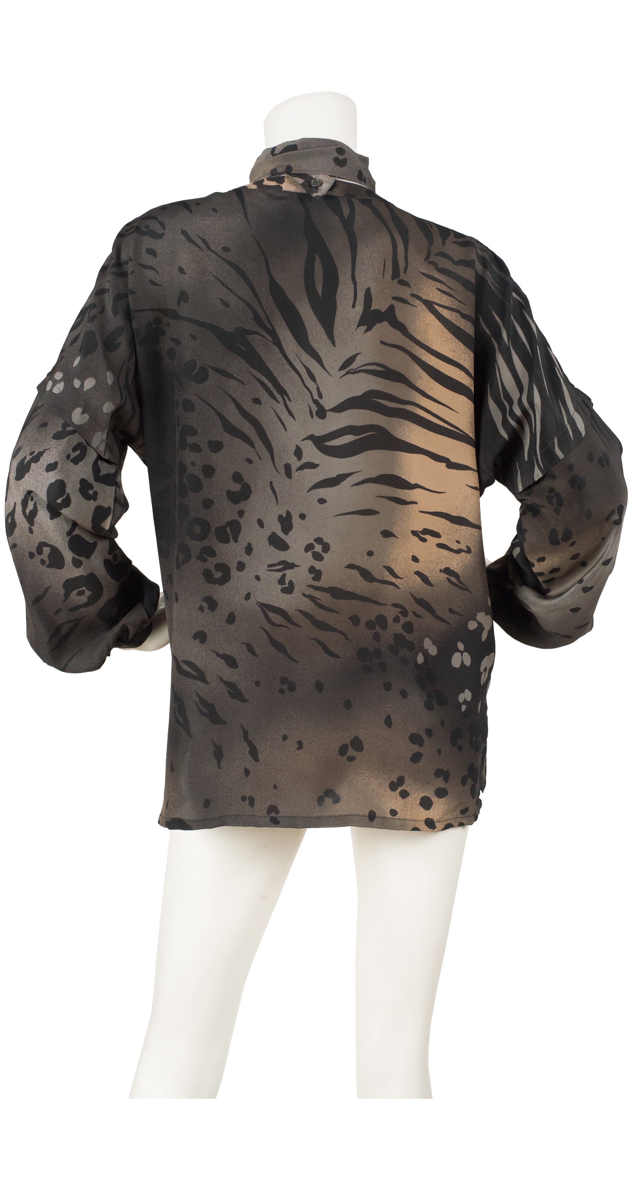 1980s Leopard Print Silk Neck Tie Blouse