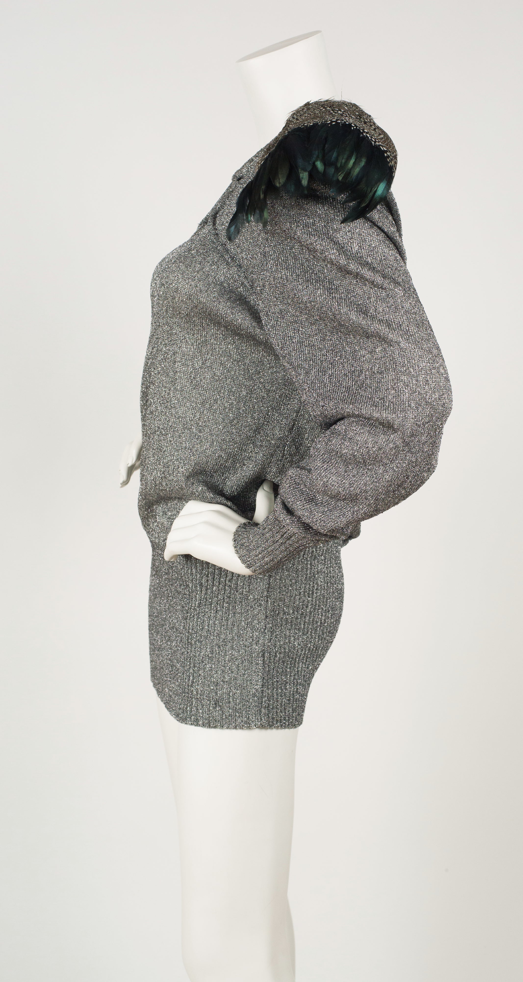 1980s Avant-Garde Feather Shoulder Silver Lurex Sweater