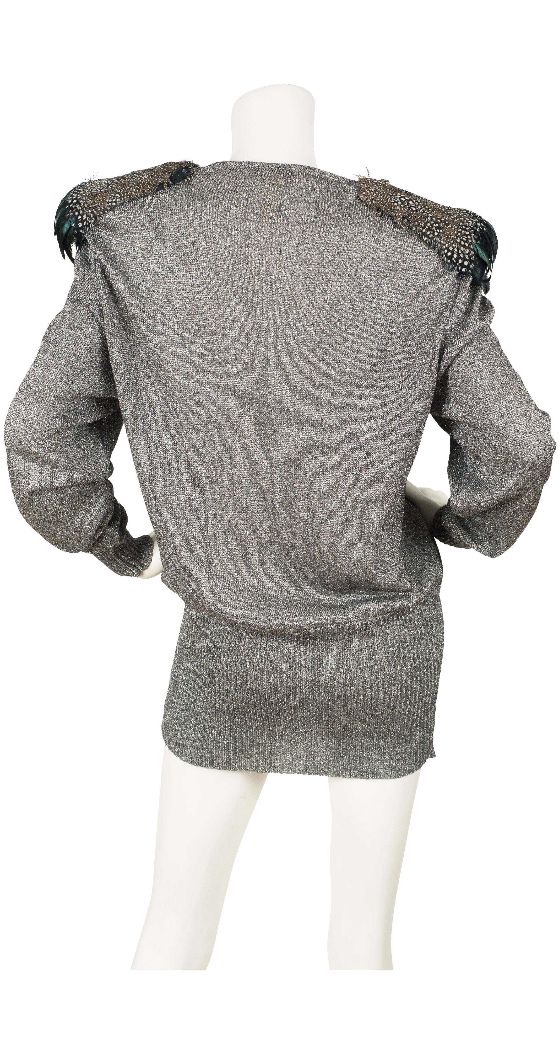 1980s Avant-Garde Feather Shoulder Silver Lurex Sweater