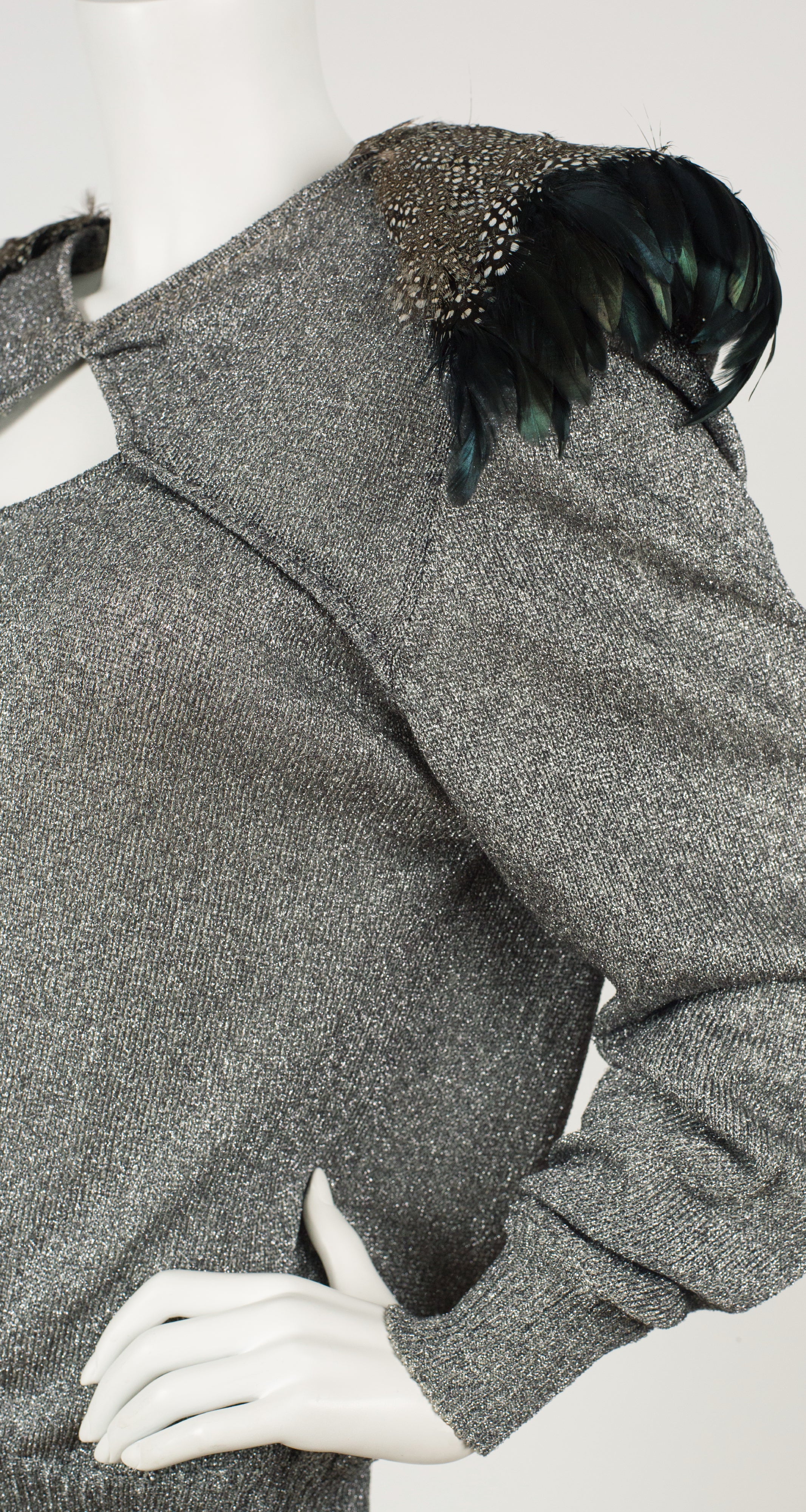 1980s Avant-Garde Feather Shoulder Silver Lurex Sweater