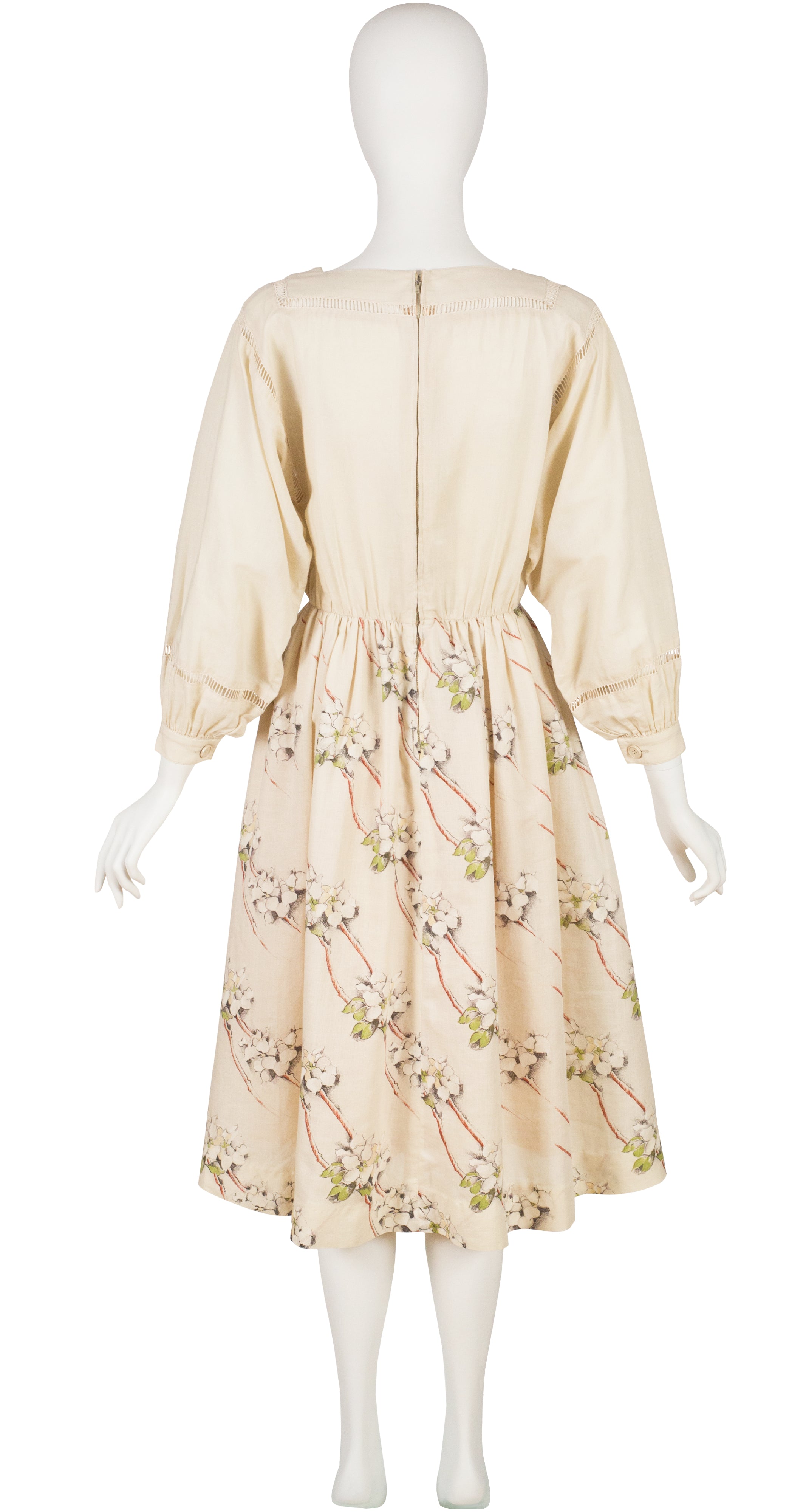 1978 S/S Dogwood Print Cream Cotton Balloon Sleeve Dress