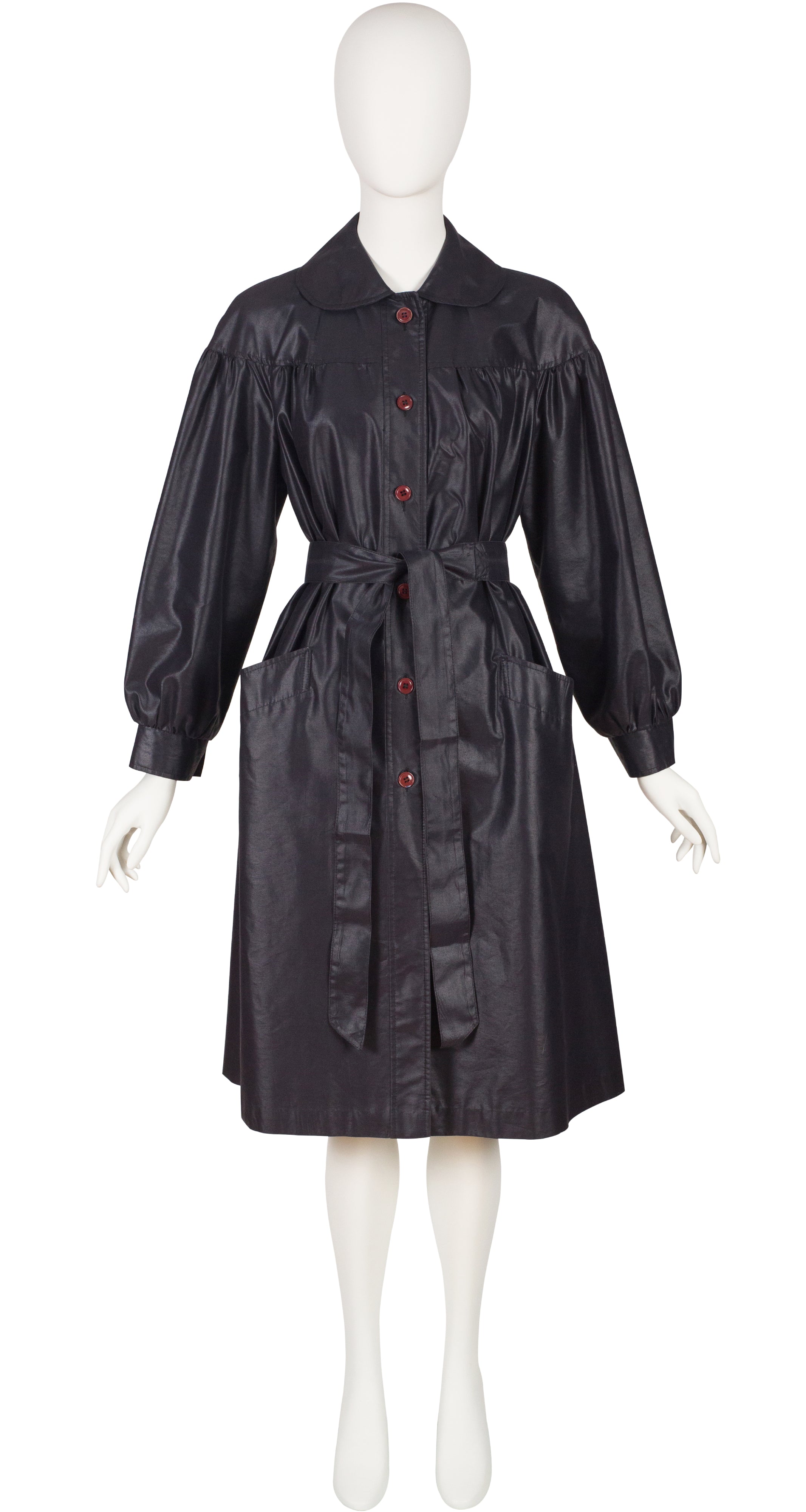 1970s Black Cotton Balloon Sleeve Trench Coat
