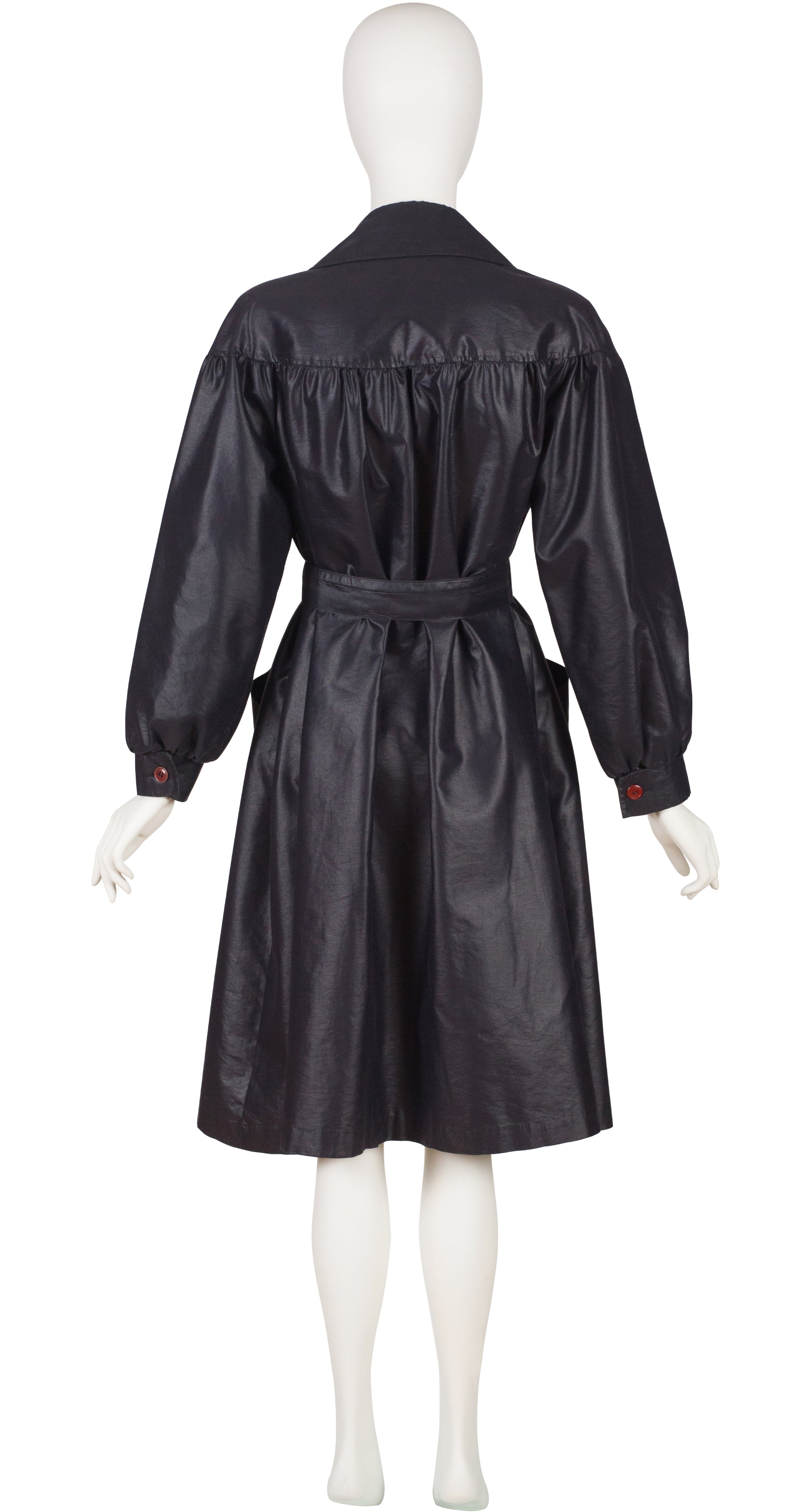 1970s Black Cotton Balloon Sleeve Trench Coat
