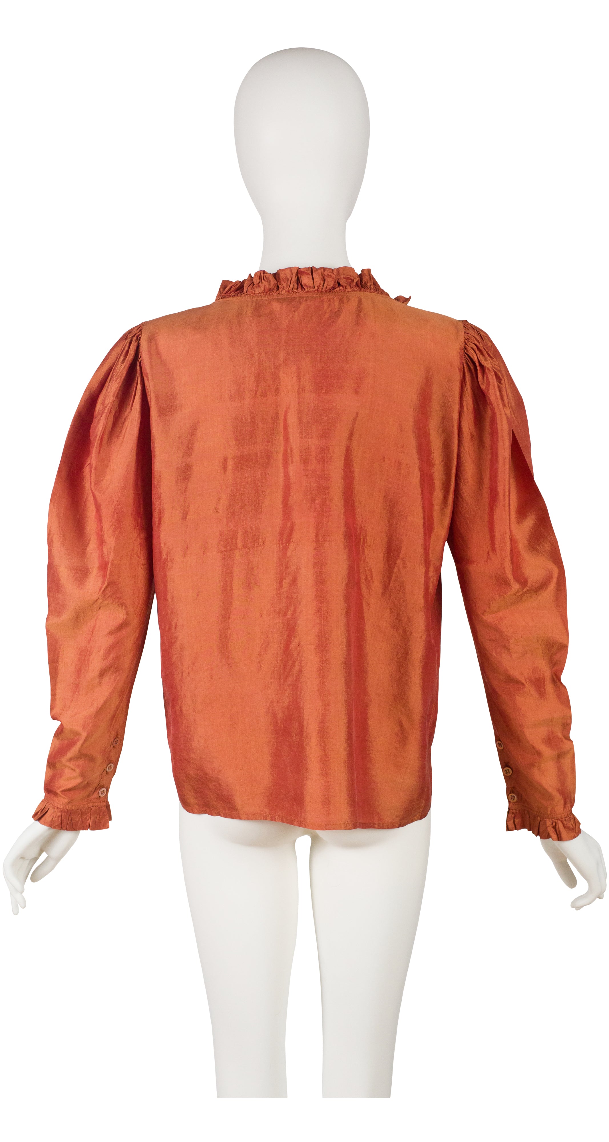 1980s Iridescent Burnt Orange Raw Silk Ruffle Blouse