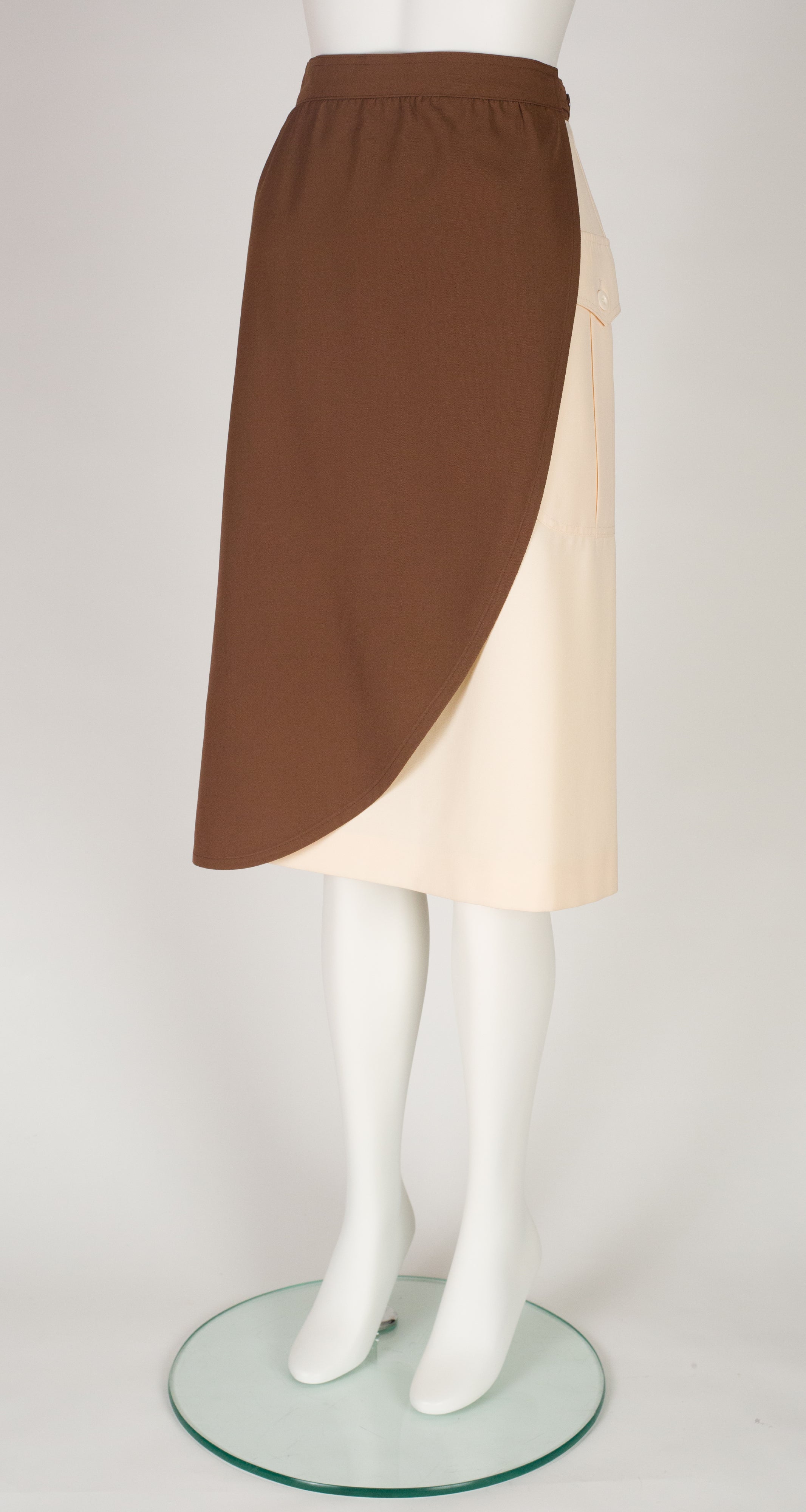 1980s Brown & Cream Color Block Wool Wrap Skirt