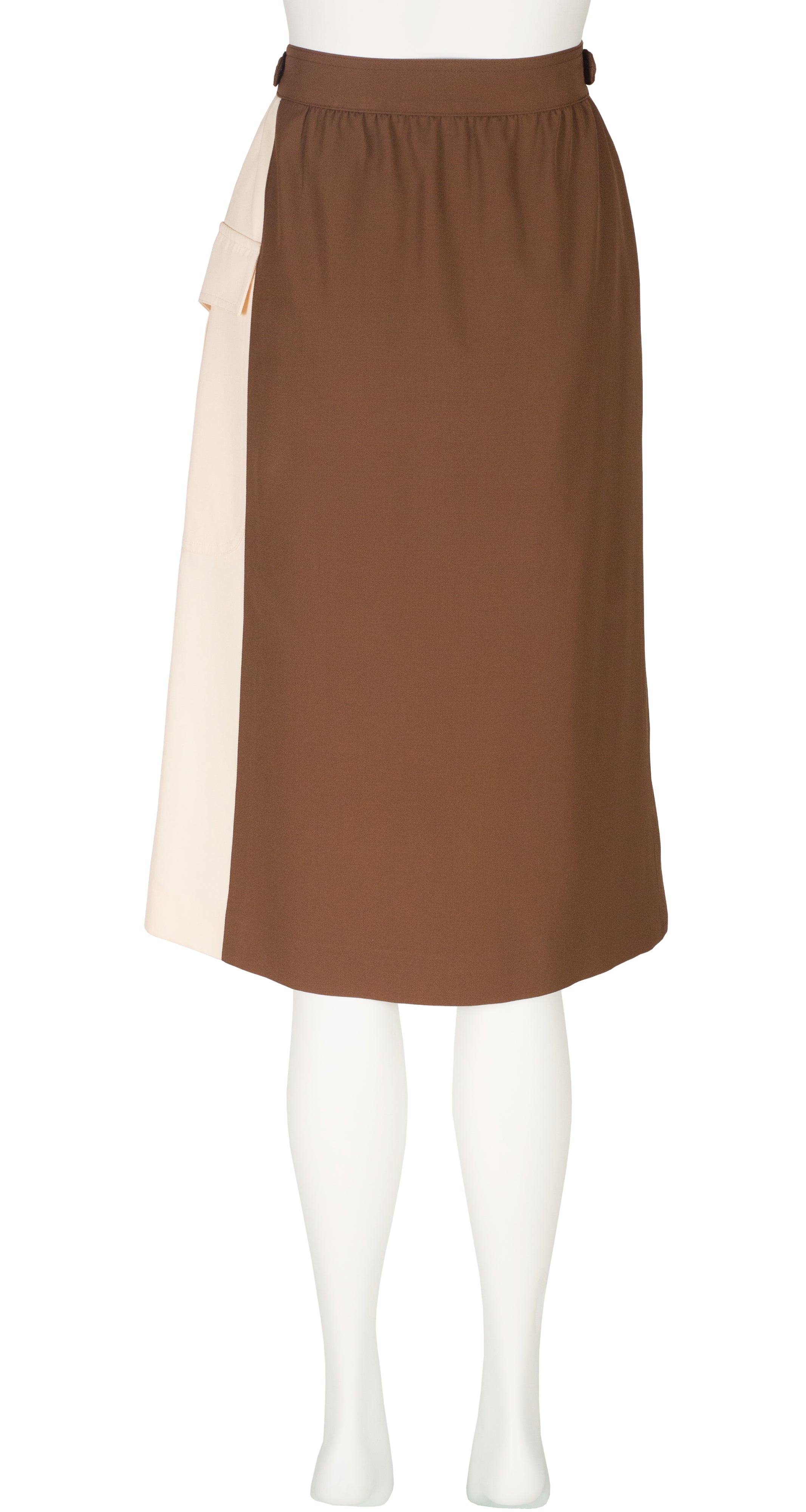 1980s Brown & Cream Color Block Wool Wrap Skirt