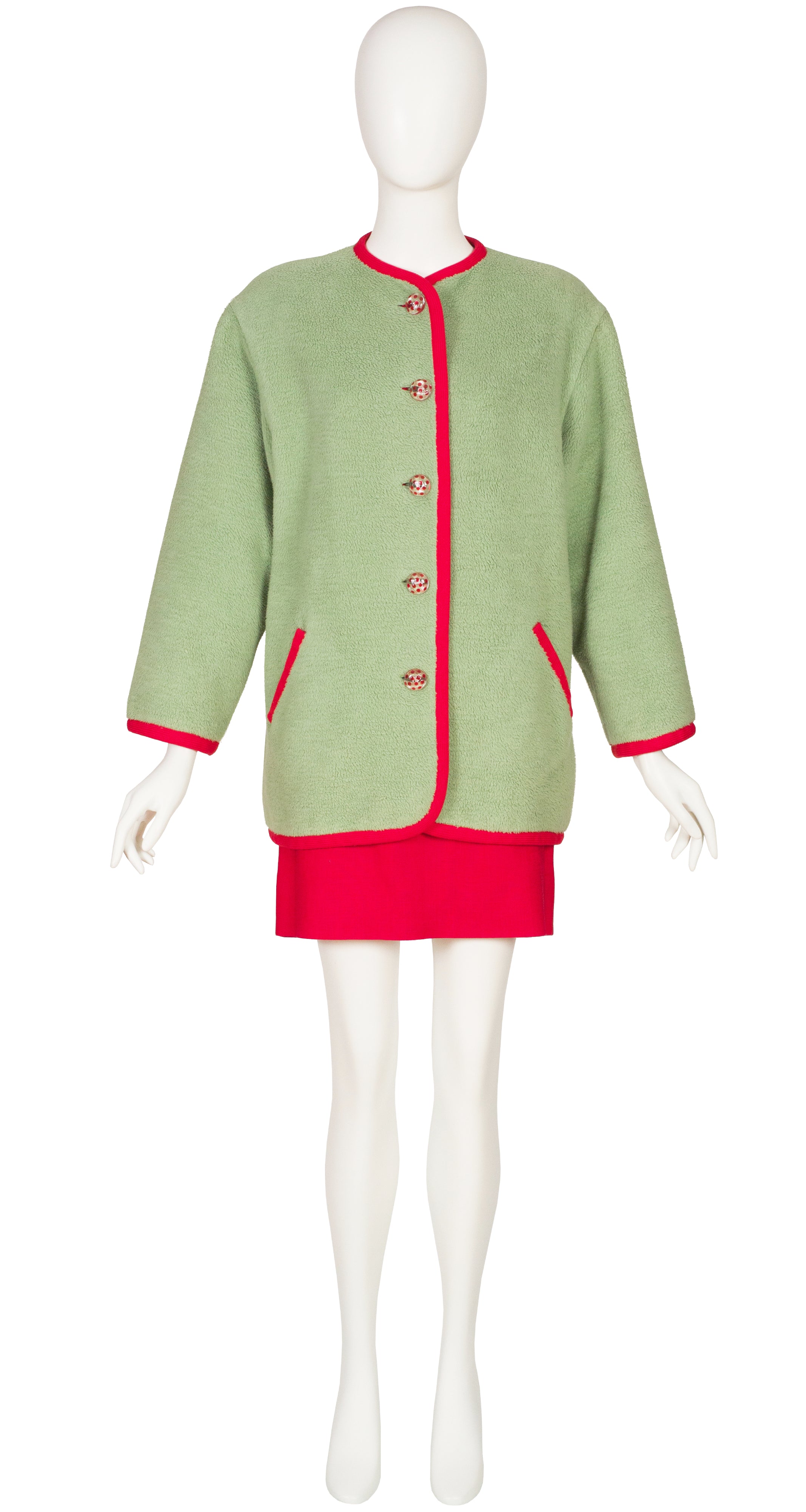 1990s Green & Red Teddy Coat Skirt Set