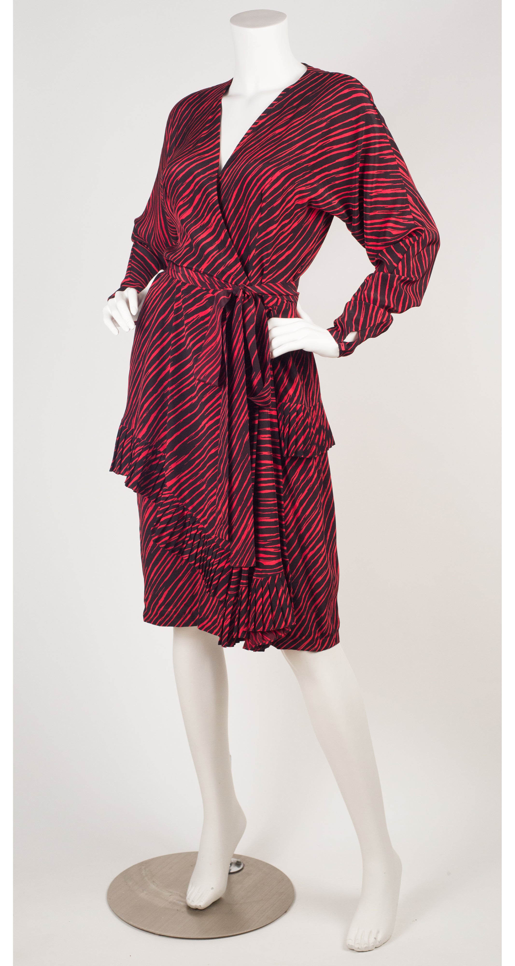 1989-90 F/W Runway Black & Red Striped Silk Wrap-Style Dress
