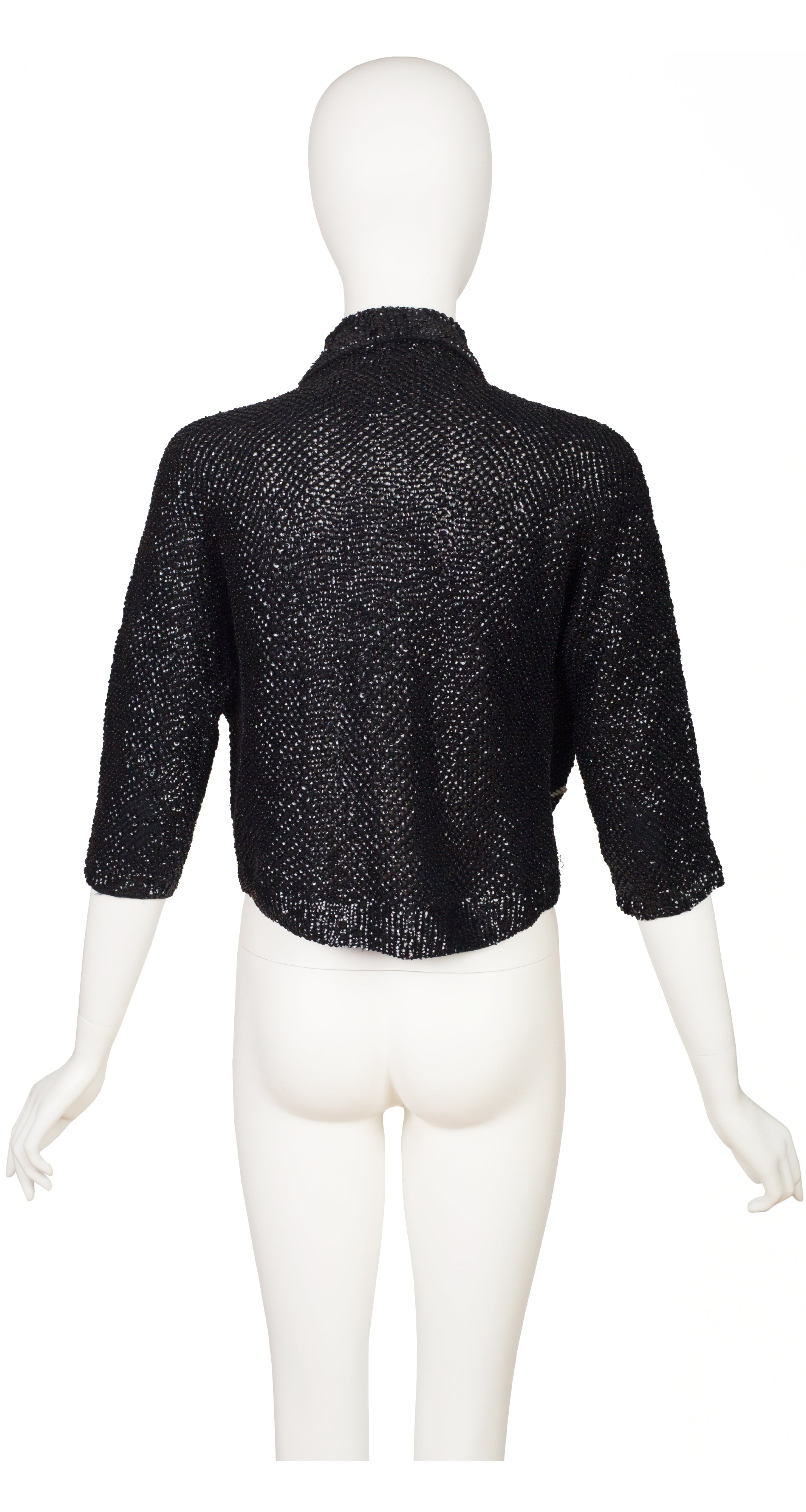 1960s Beaded Pastel Floral Black Sequin Cardigan