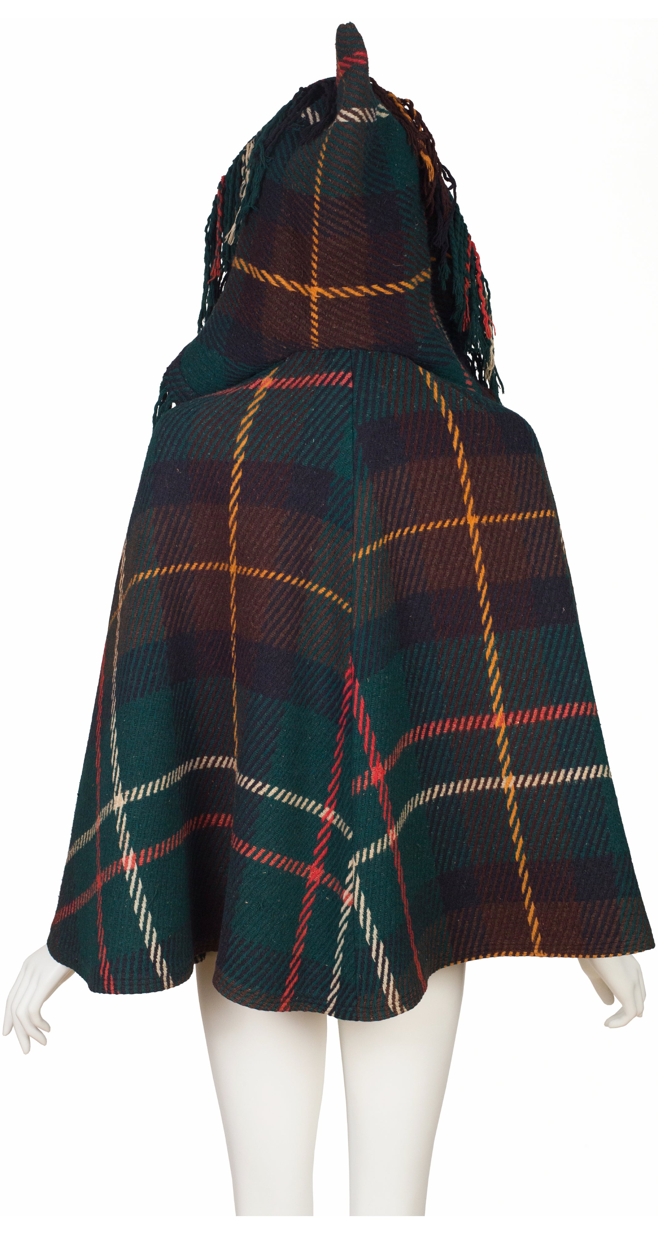 1890s Victorian Documented Plaid Wool Fringe Hooded Golf Cape