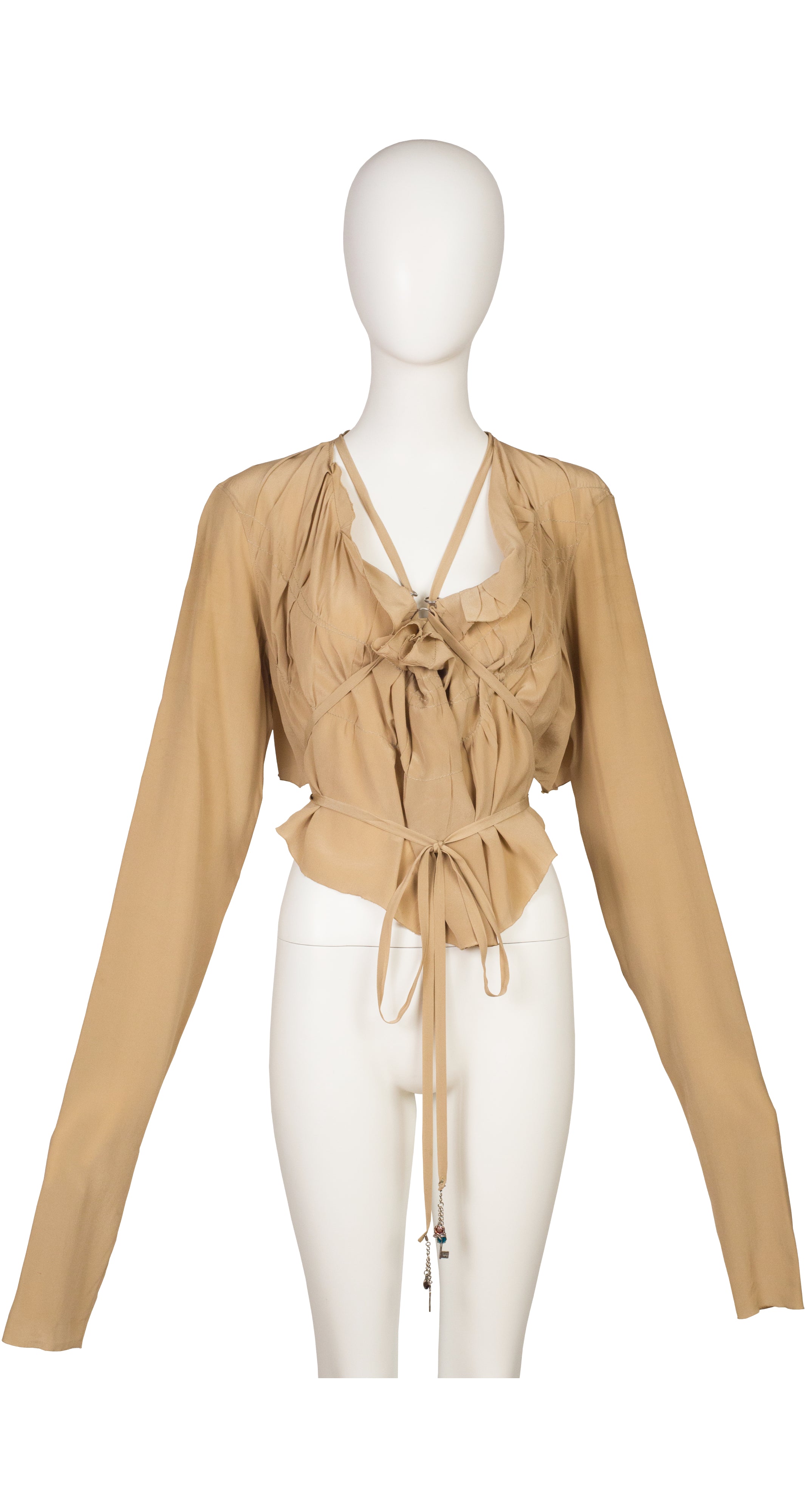 2000s Beige Silk Tie Wrap Long Sleeve Crop Top