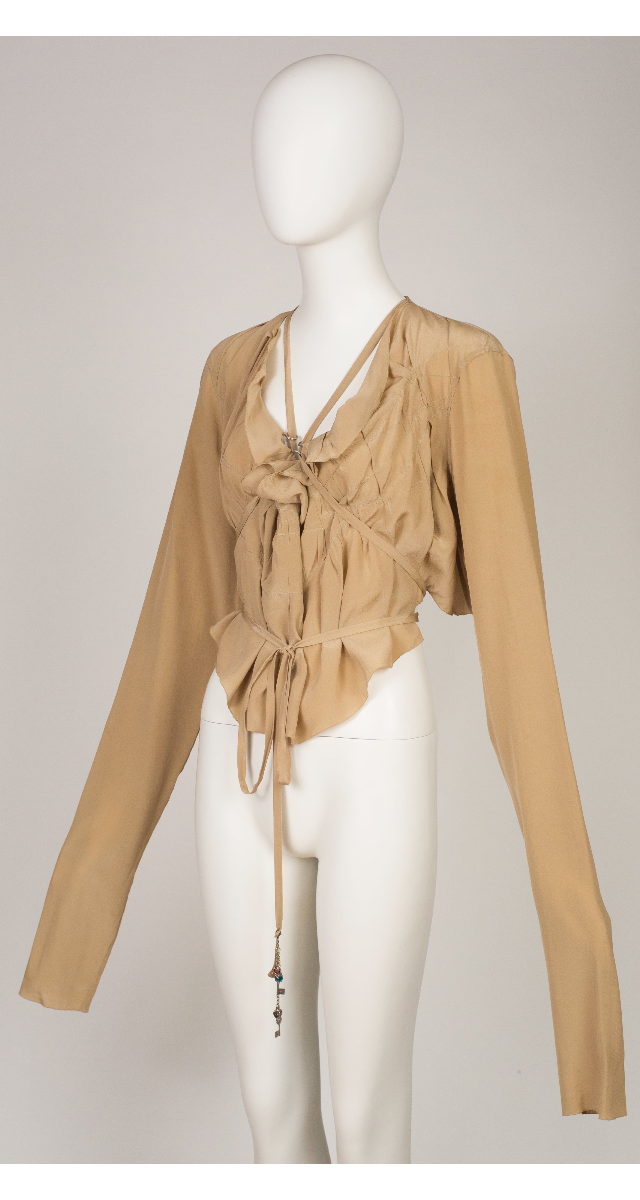 2000s Beige Silk Tie Wrap Long Sleeve Crop Top