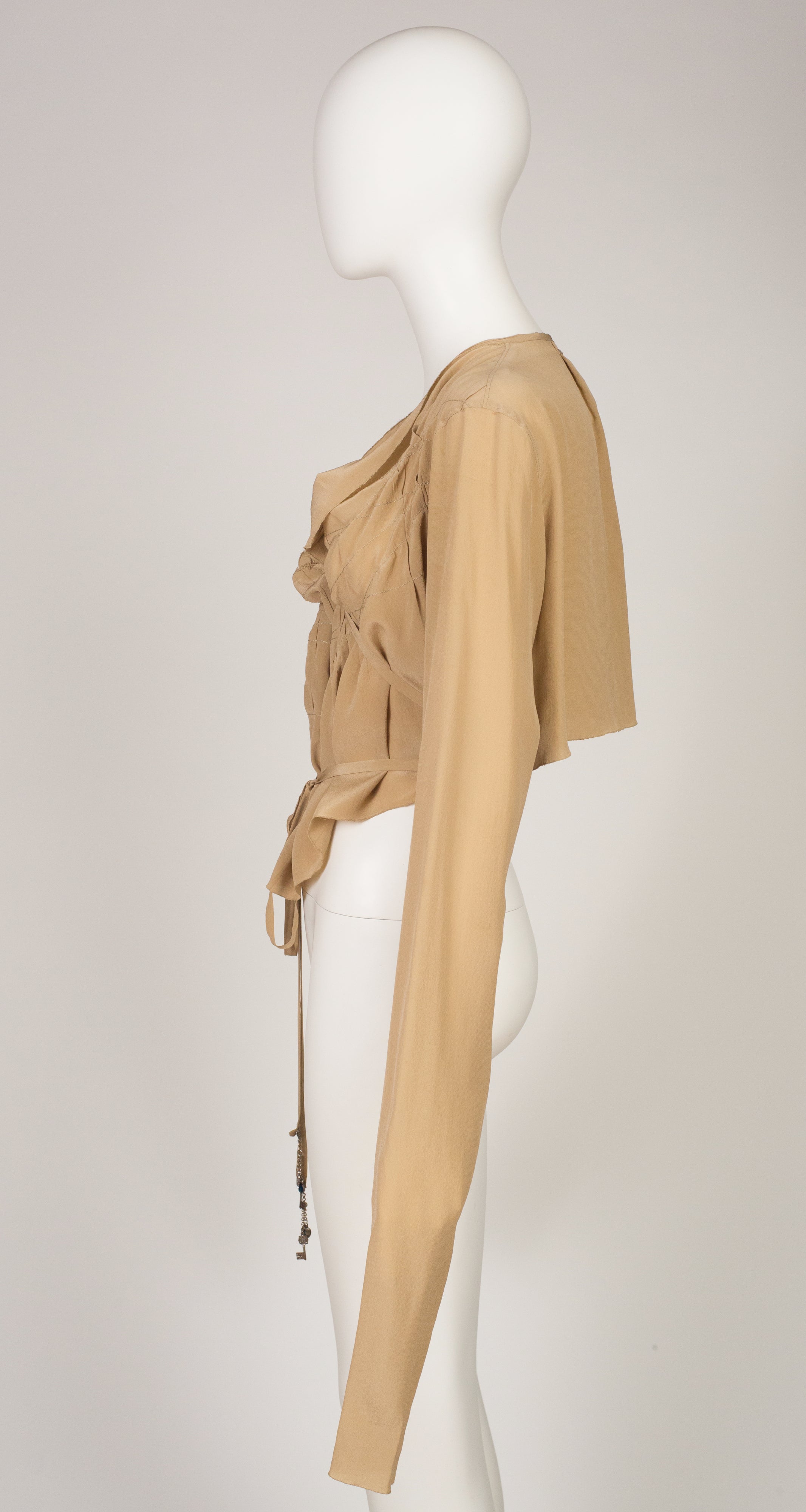 2000s Beige Silk Tie Wrap Long Sleeve Crop Top