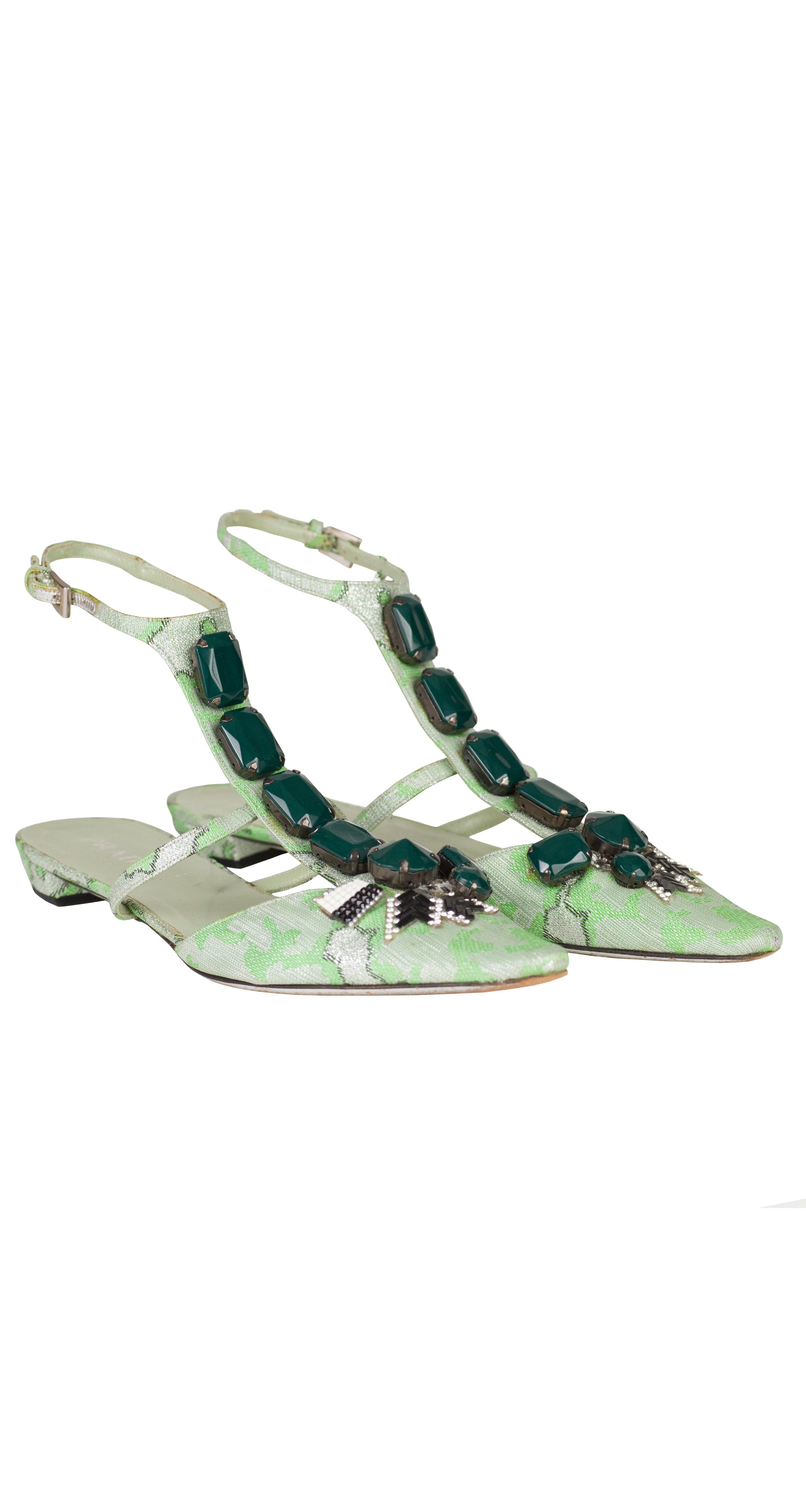 2003 S/S Runway Embellished Green Jacquard Ankle Strap Shoes