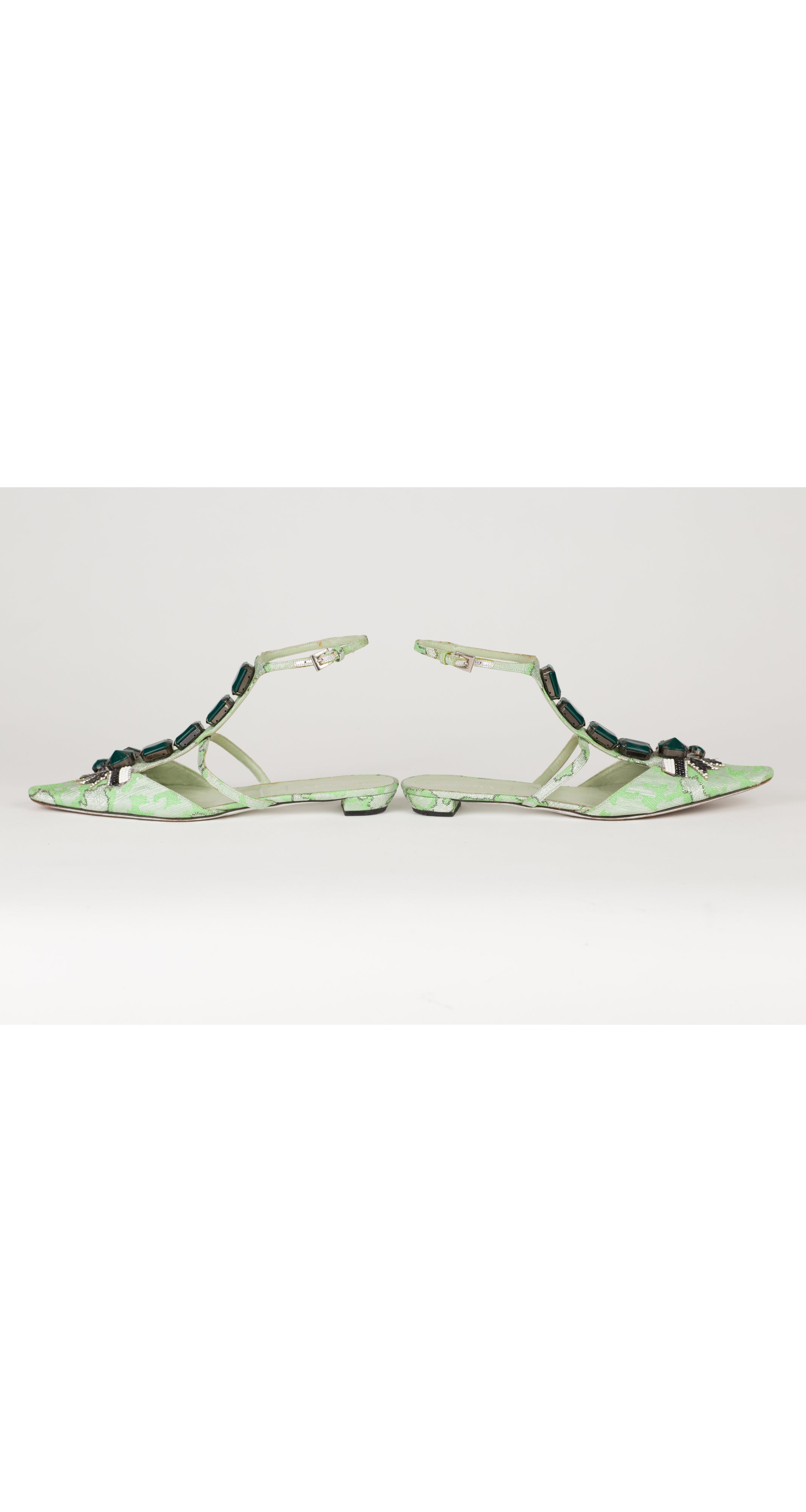 2003 S/S Runway Embellished Green Jacquard Ankle Strap Shoes