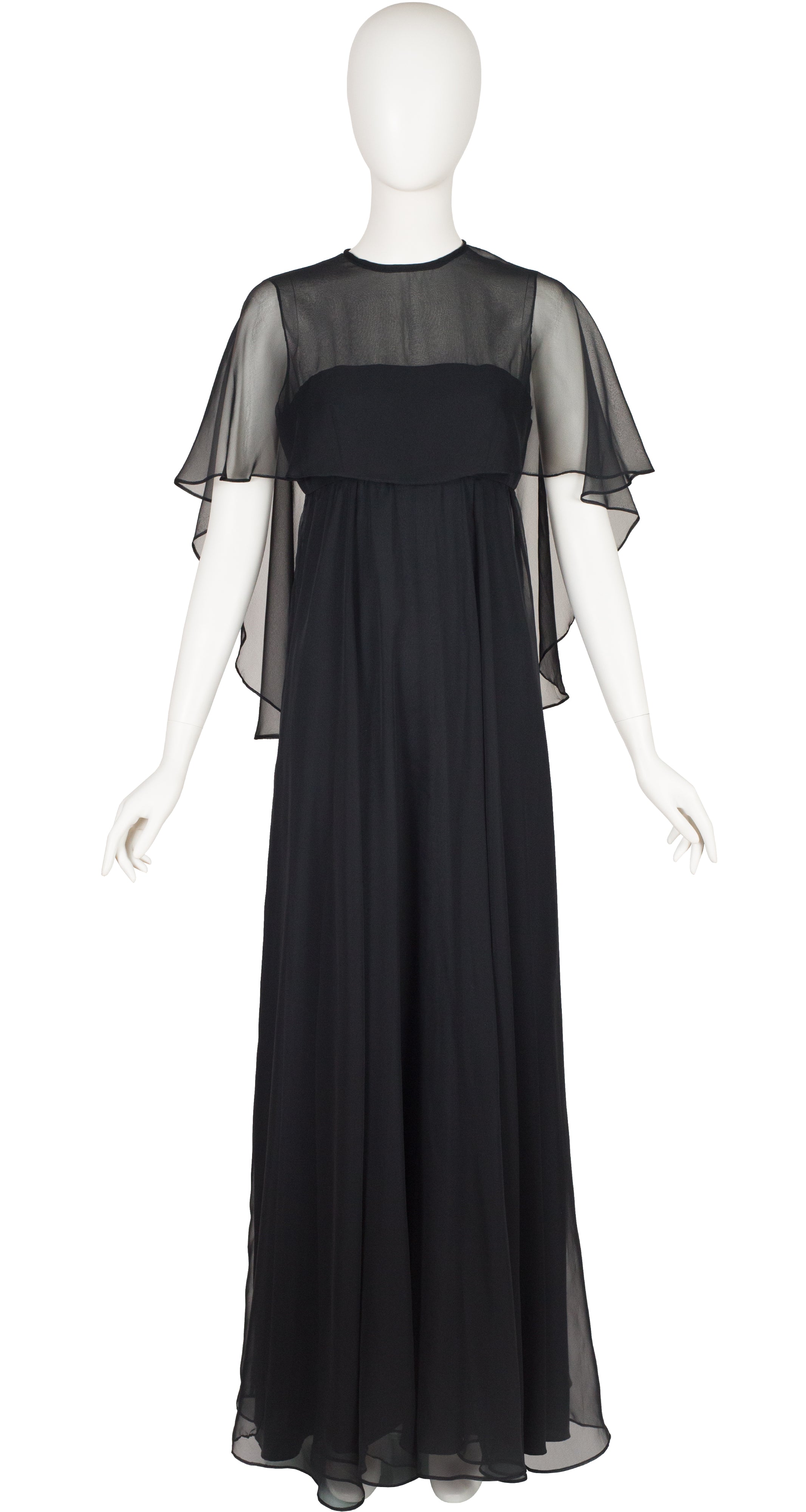 1970s Black Chiffon Empire Waist Evening Dress