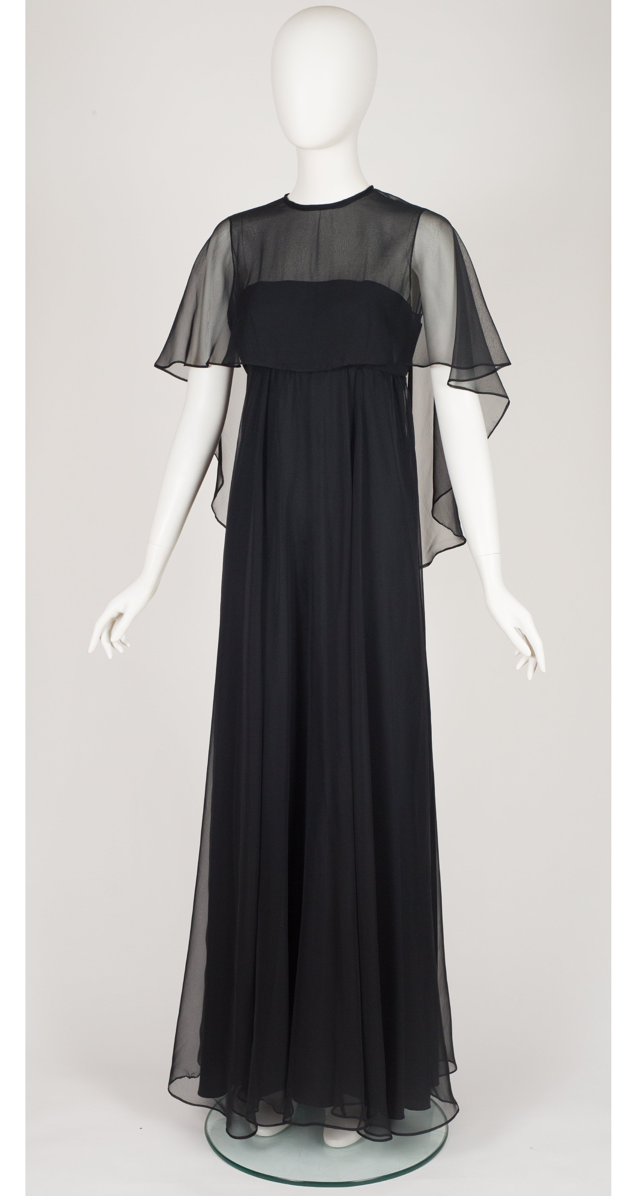 1970s Black Chiffon Empire Waist Evening Dress