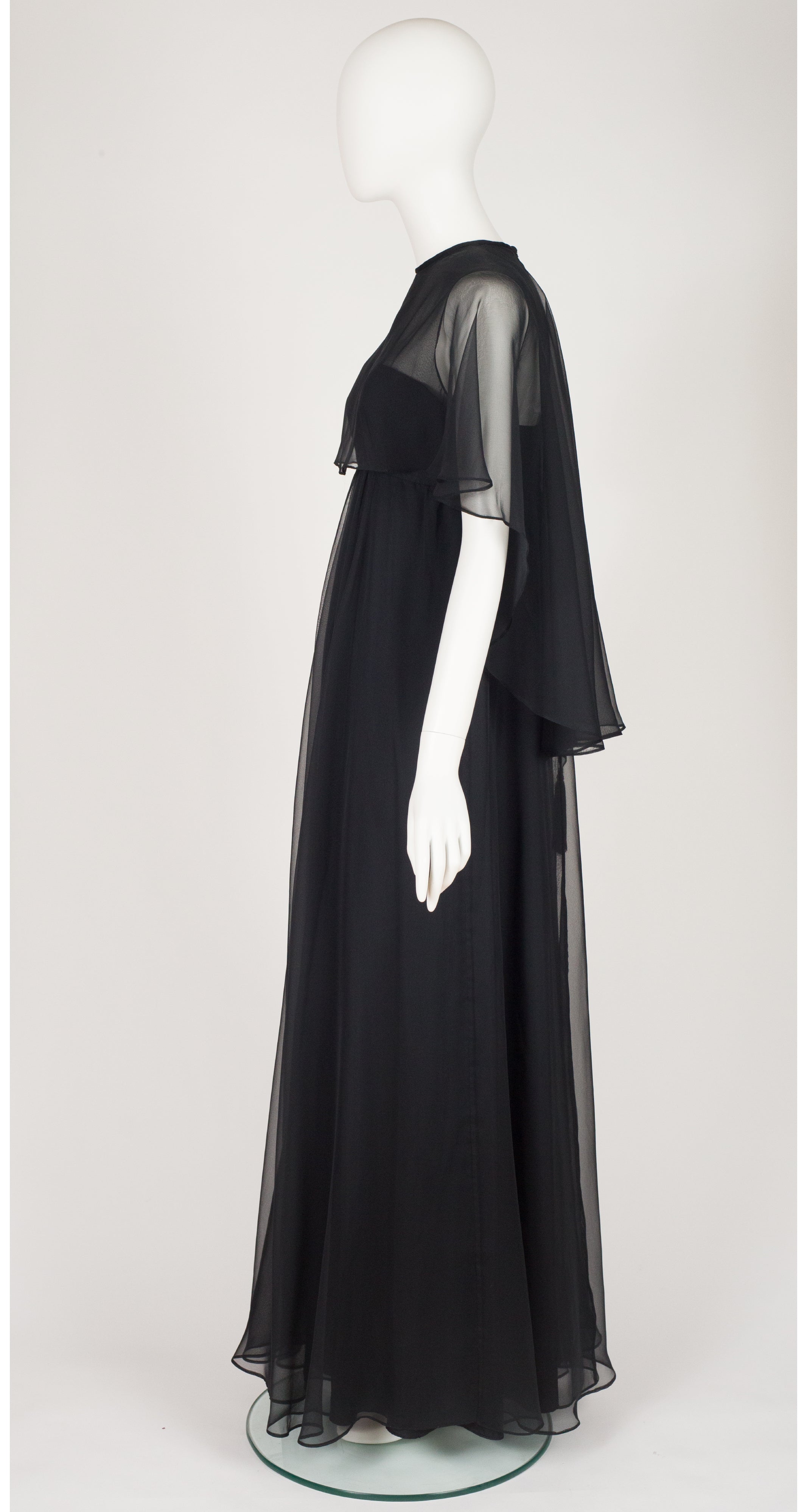 1970s Black Chiffon Empire Waist Evening Dress