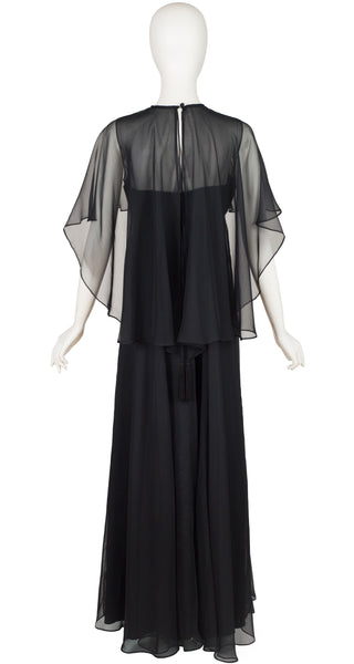 Jean Varon 1970s Black Chiffon Empire Waist Evening Dress 