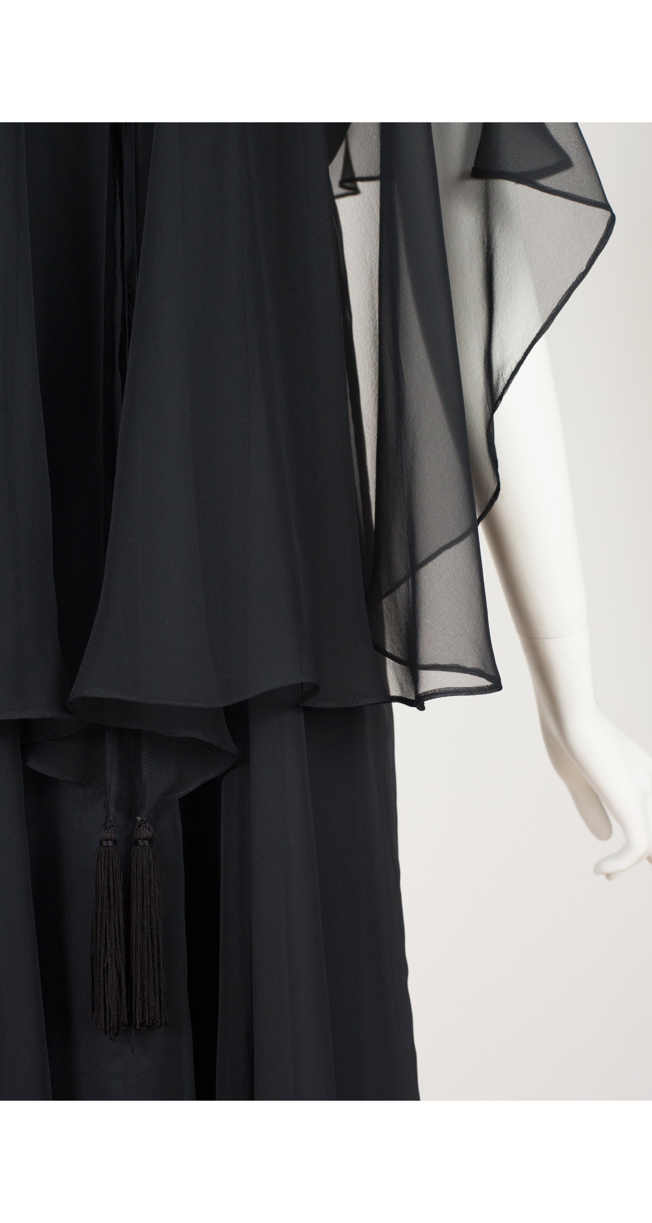 1970s Black Chiffon Empire Waist Evening Dress