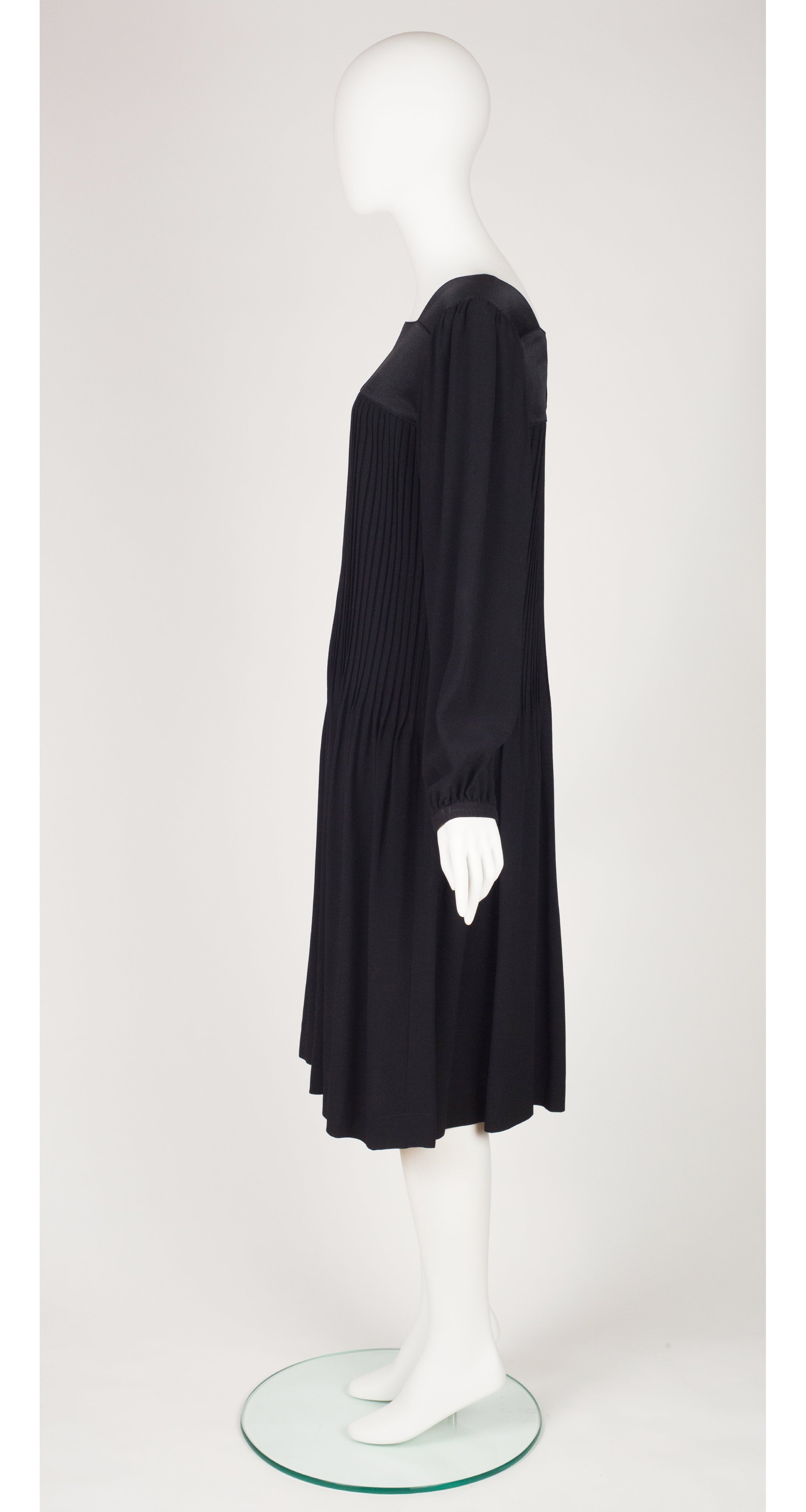 1980s Black Pleated Crepe Balloon Sleeve Dress