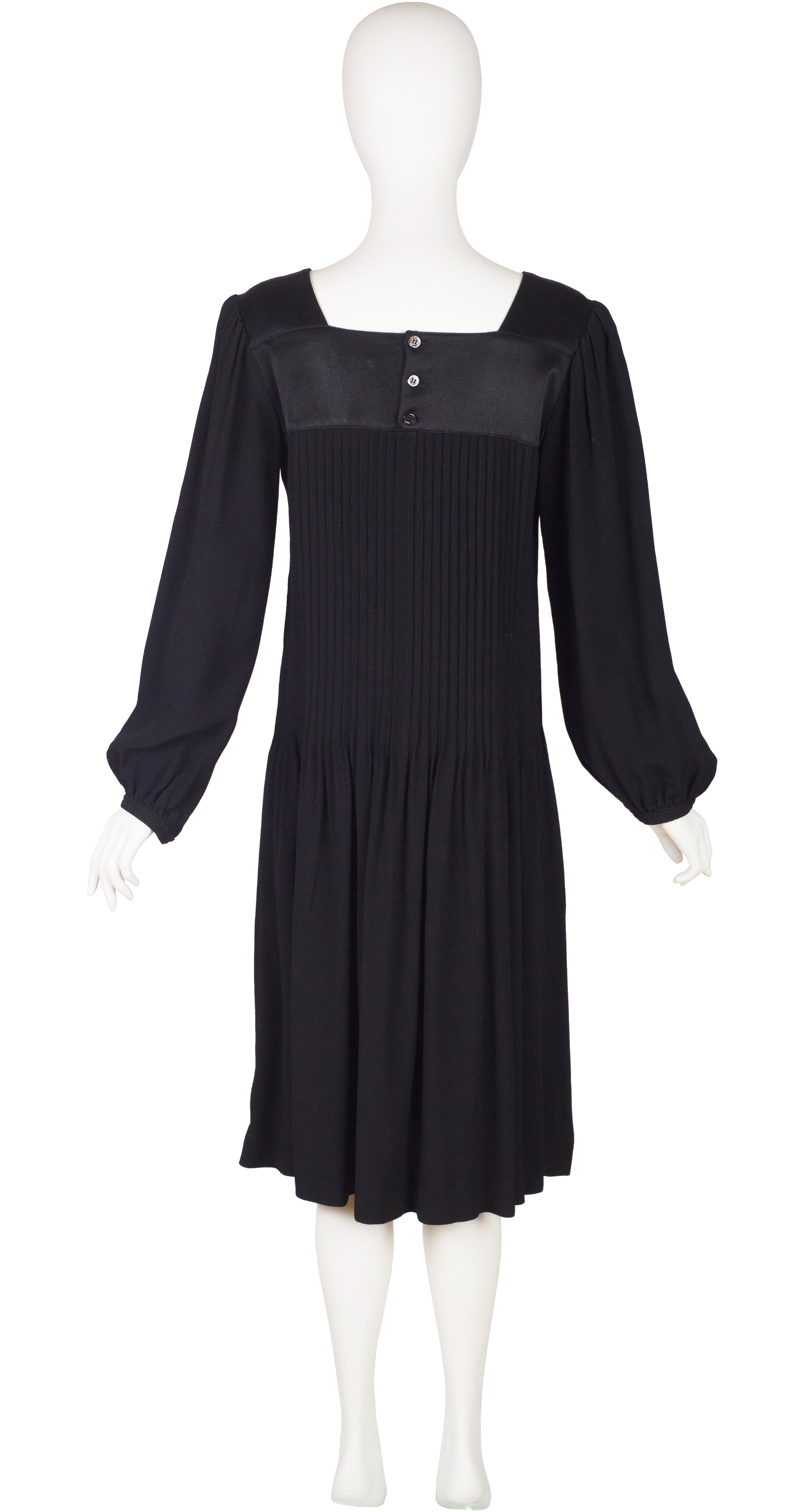 1980s Black Pleated Crepe Balloon Sleeve Dress
