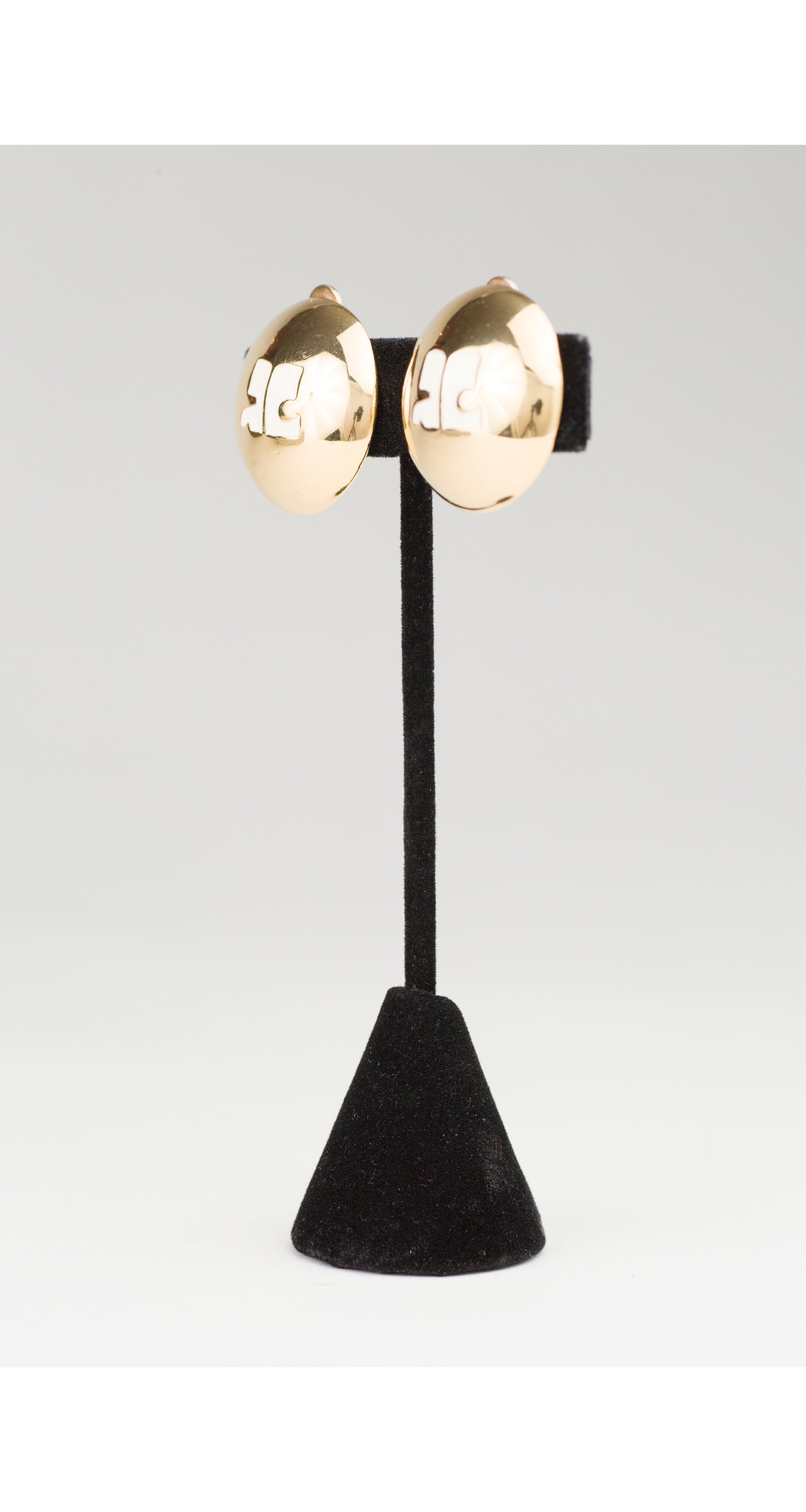 1980s Enamel Logo Gold-Tone Round Clip-On Earrings