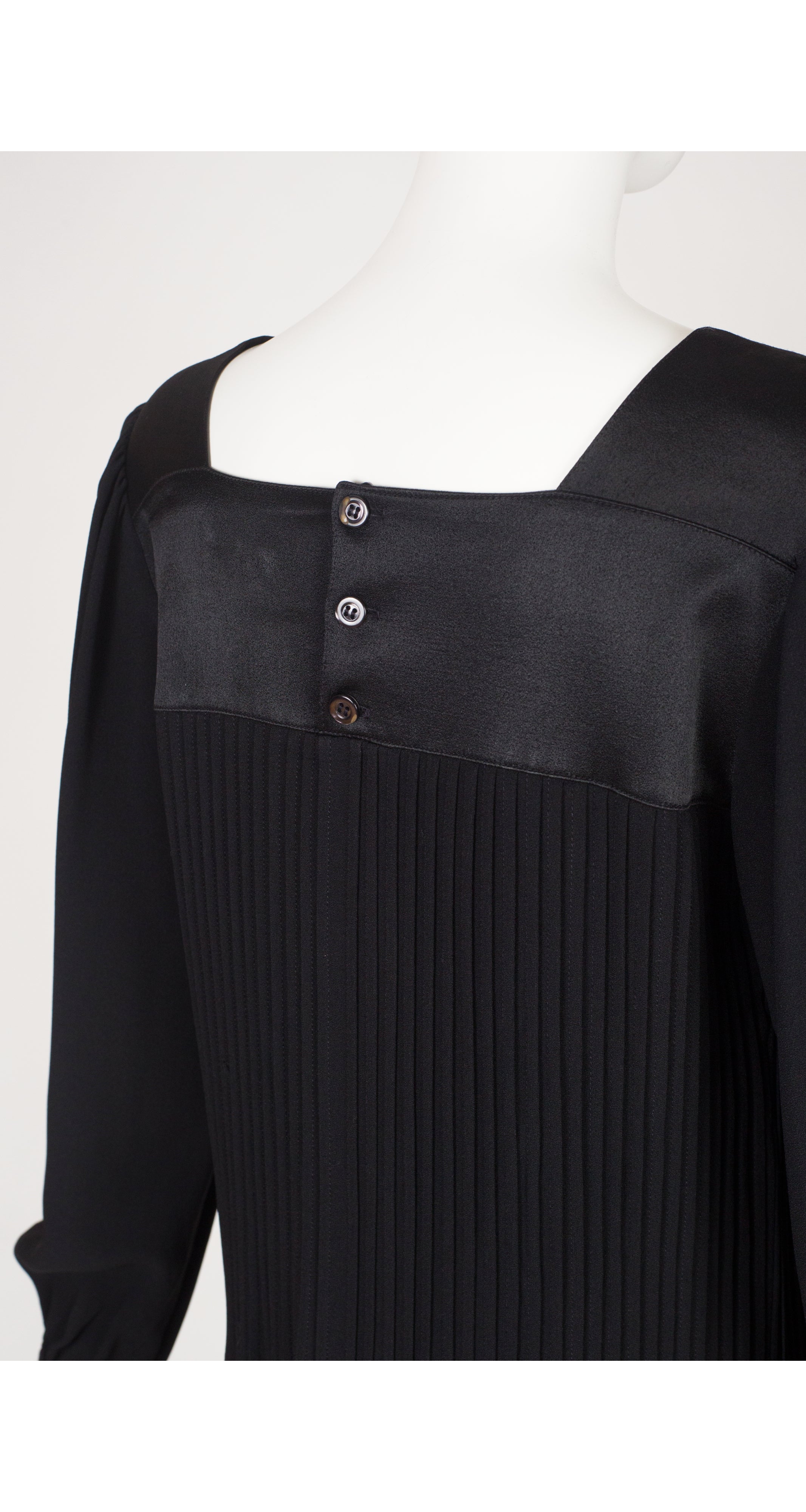 1980s Black Pleated Crepe Balloon Sleeve Dress
