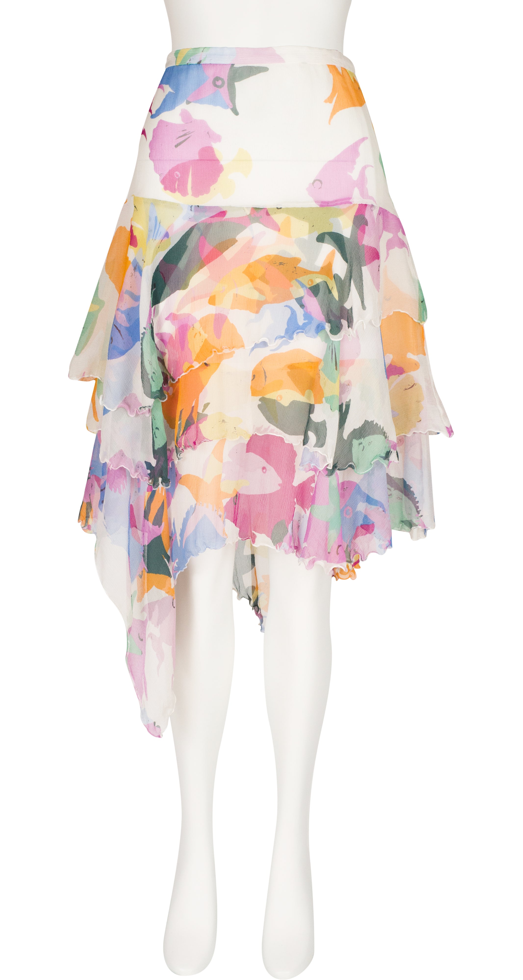 2000s Fish Print Silk Chiffon Handkerchief Hem Skirt