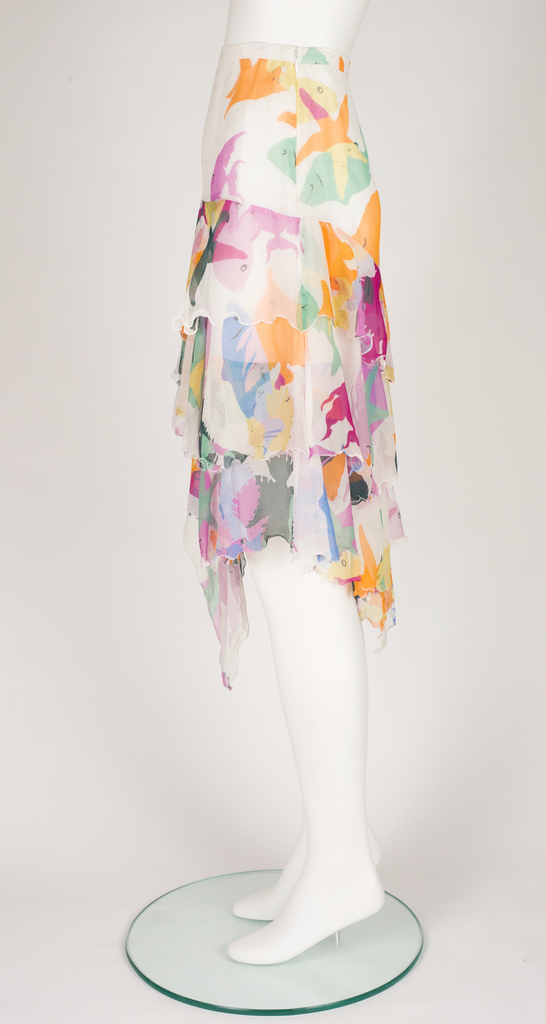 2000s Fish Print Silk Chiffon Handkerchief Hem Skirt