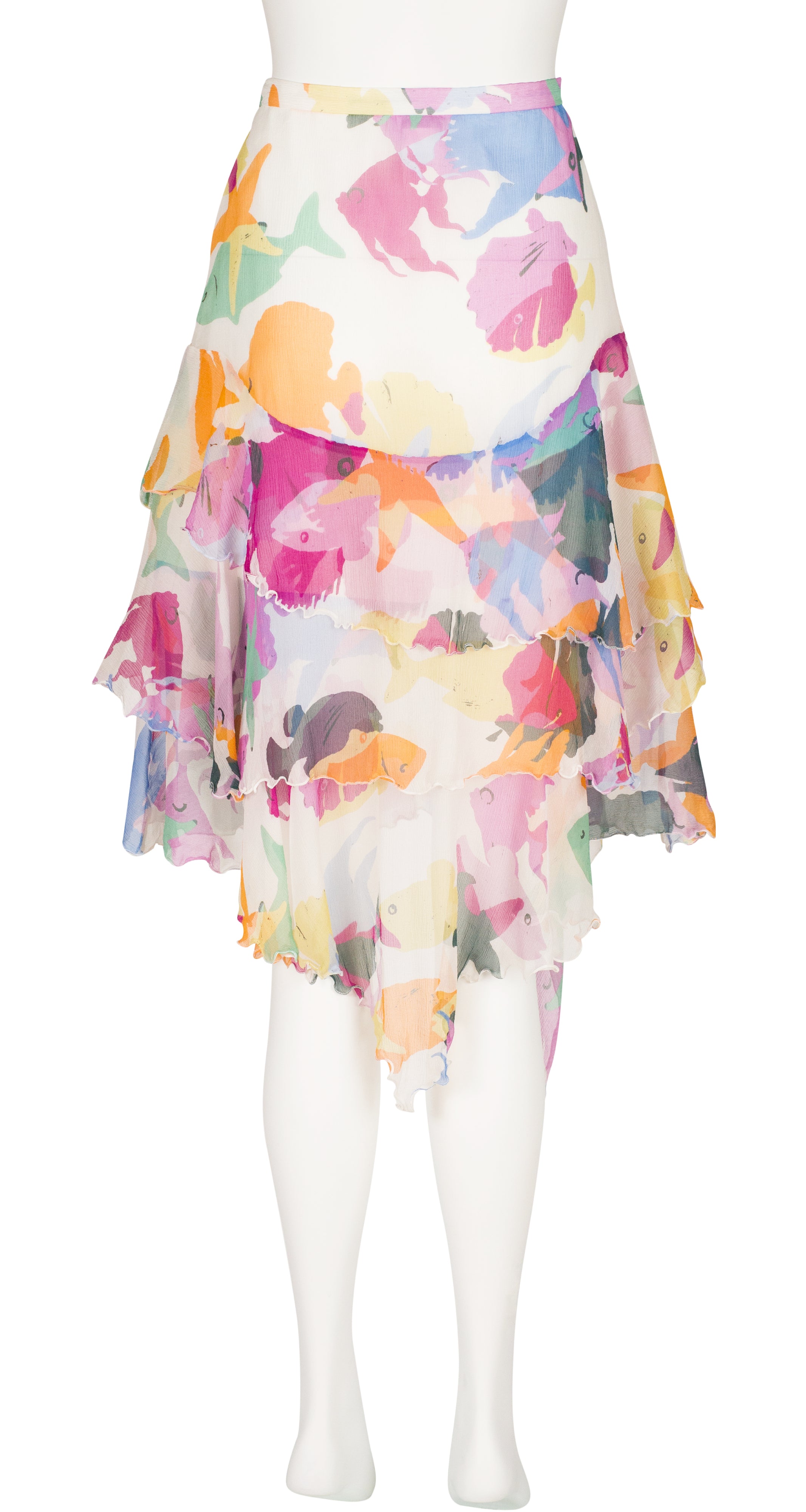 2000s Fish Print Silk Chiffon Handkerchief Hem Skirt