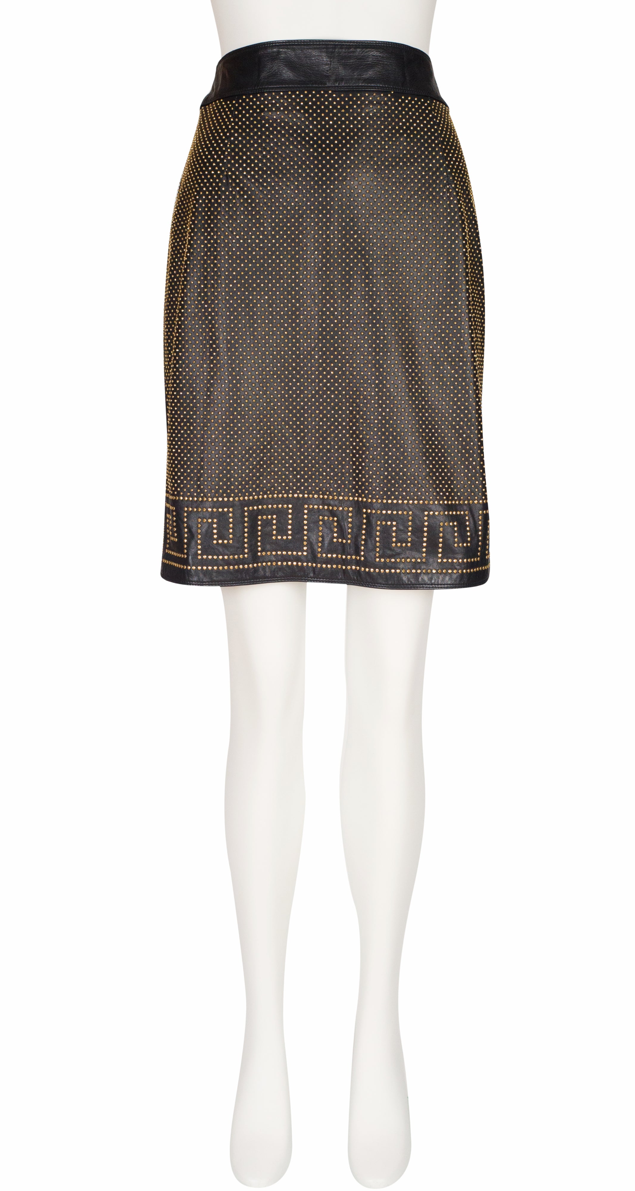 1992 Iconic Greek Key Gold Studded Black Leather Skirt