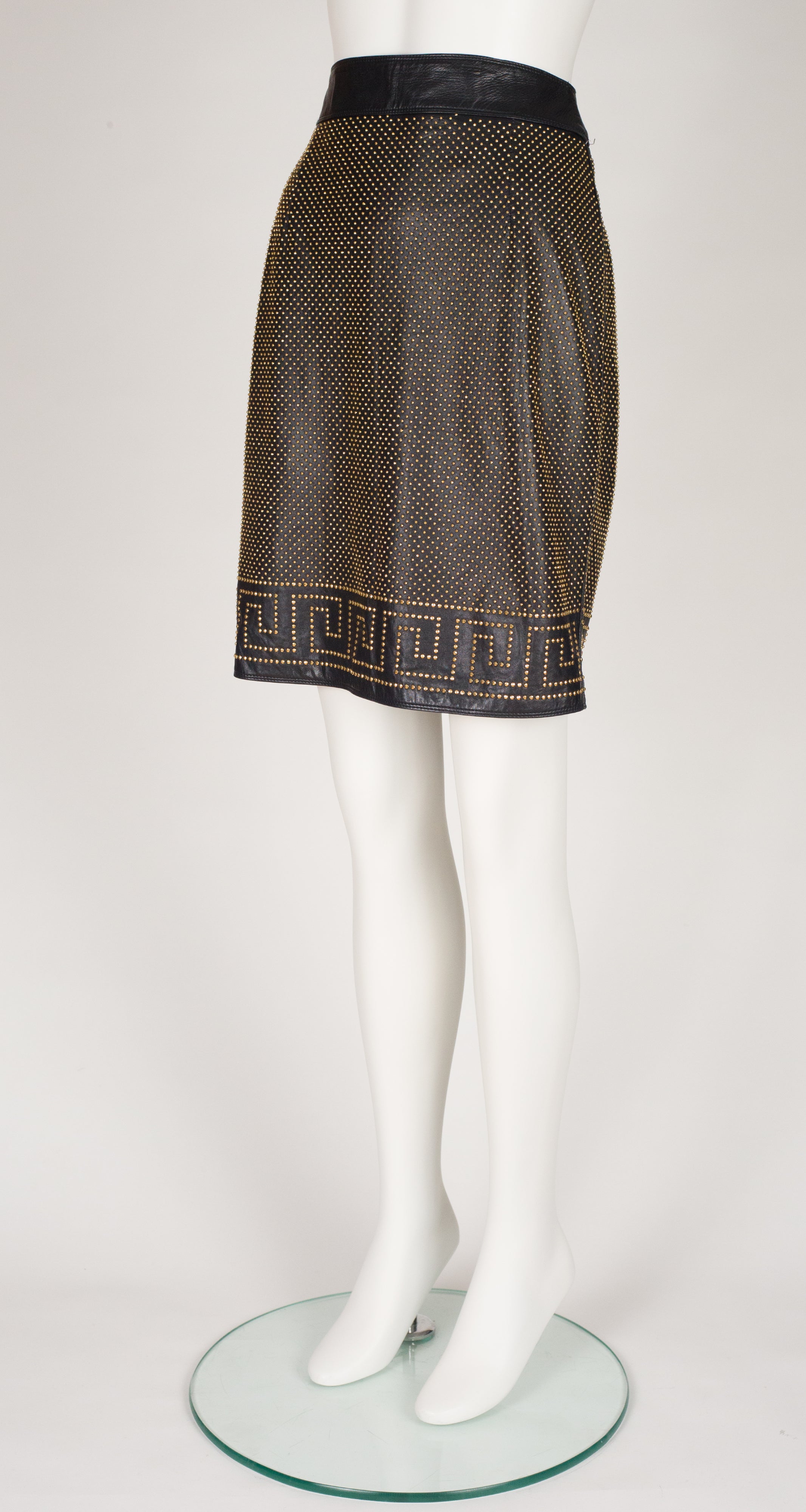 1992 Iconic Greek Key Gold Studded Black Leather Skirt
