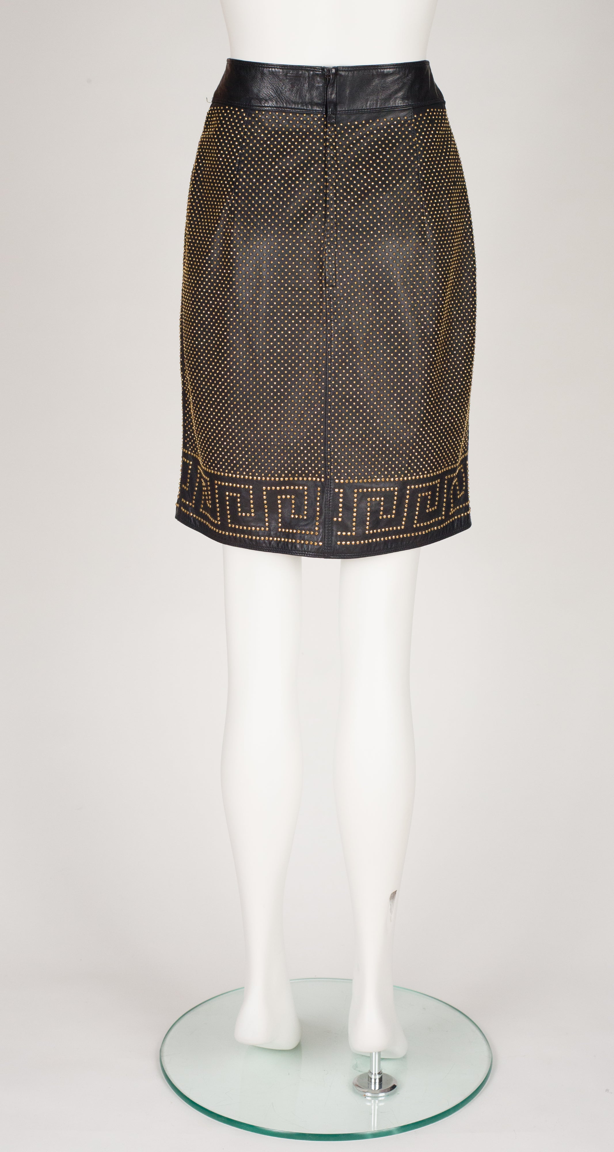 1992 Iconic Greek Key Gold Studded Black Leather Skirt