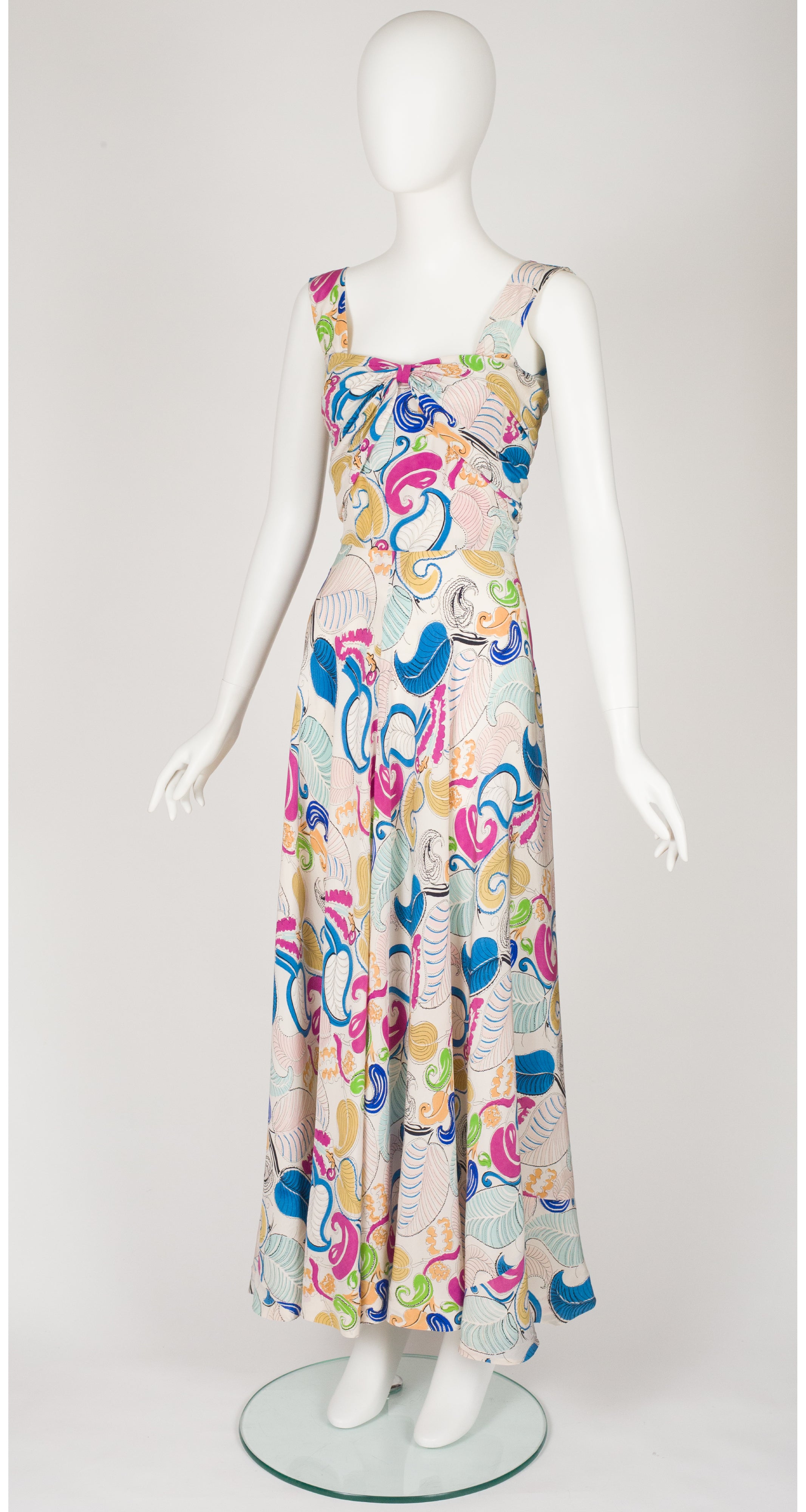 1930s Feather Plume Novelty Print Silk Evening Gown