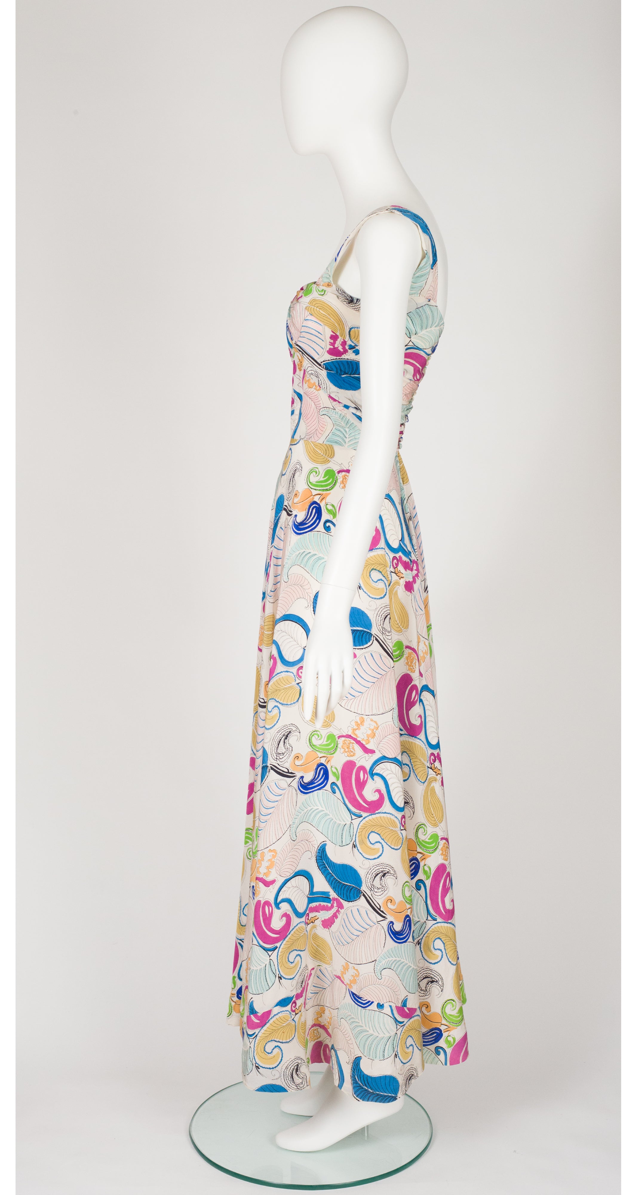 1930s Feather Plume Novelty Print Silk Evening Gown