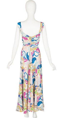 1930s Feather Plume Novelty Print Silk Evening Gown