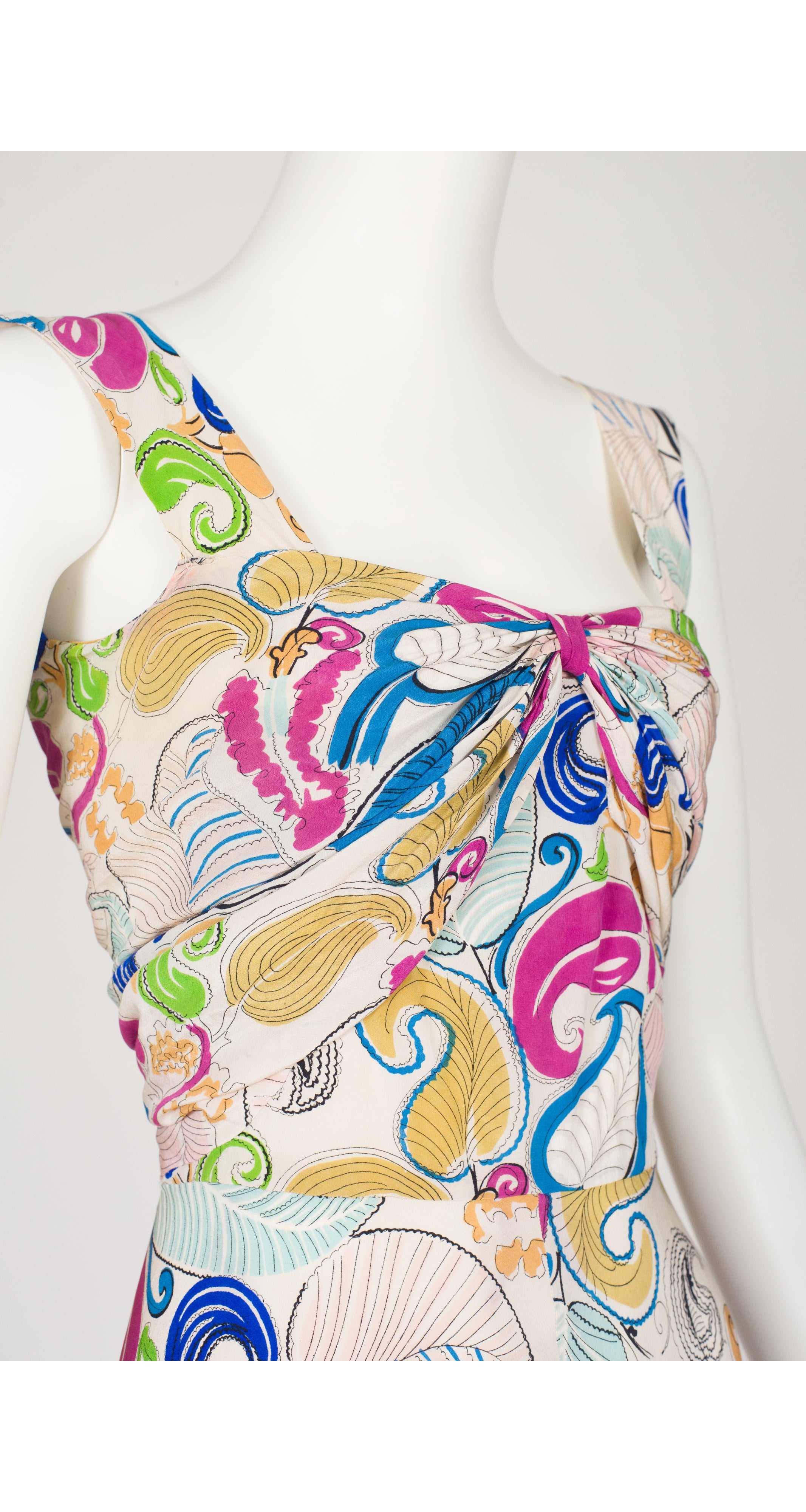 1930s Feather Plume Novelty Print Silk Evening Gown