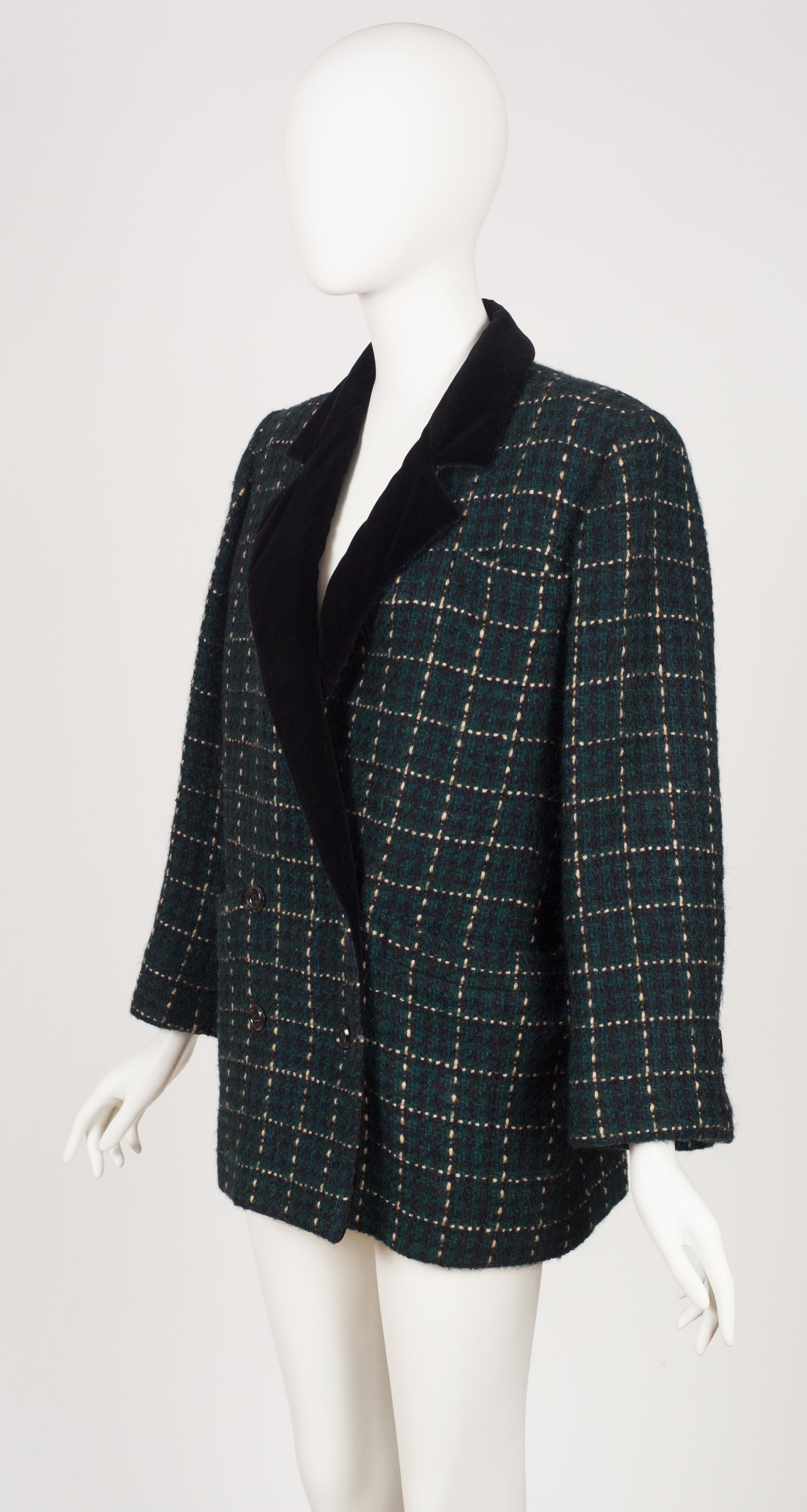 1984-85 F/W Green & Black Plaid Wool Velvet Collar Jacket