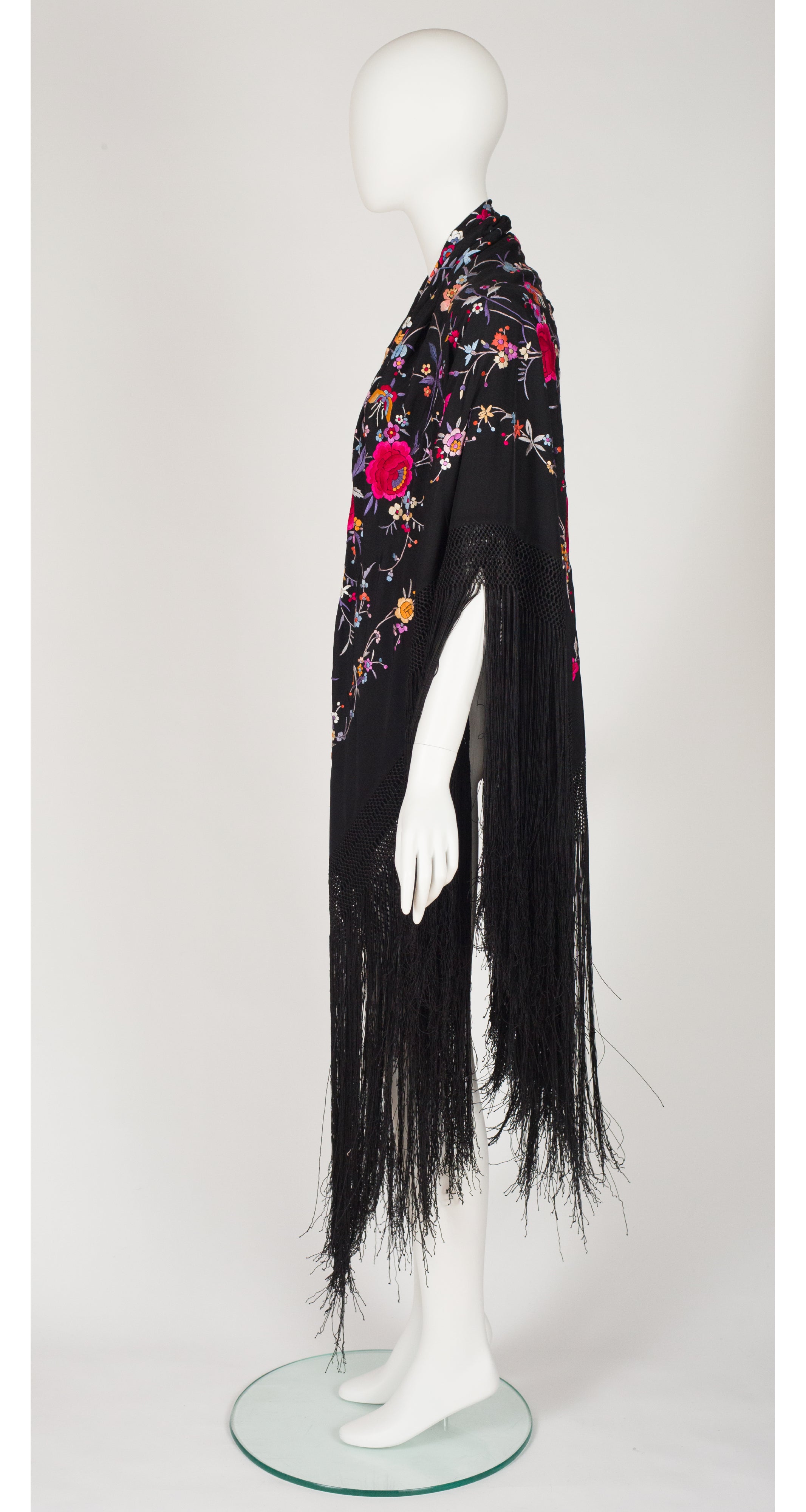 Art Deco Chinese Floral Embroidered Black Silk Fringe Shawl