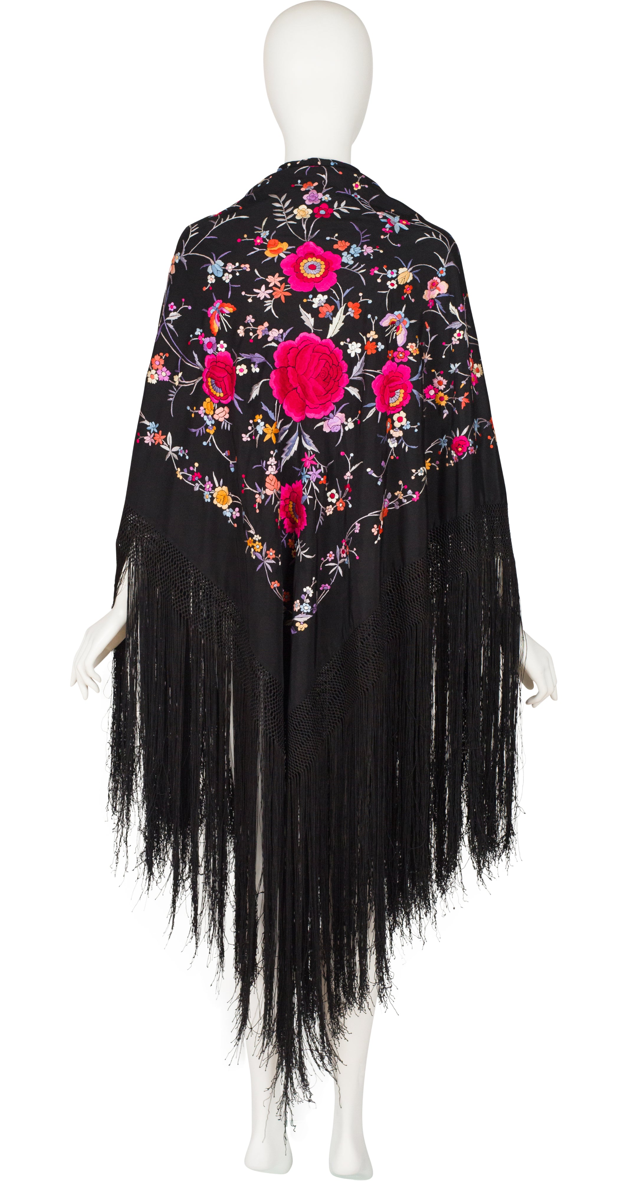 Art Deco Chinese Floral Embroidered Black Silk Fringe Shawl