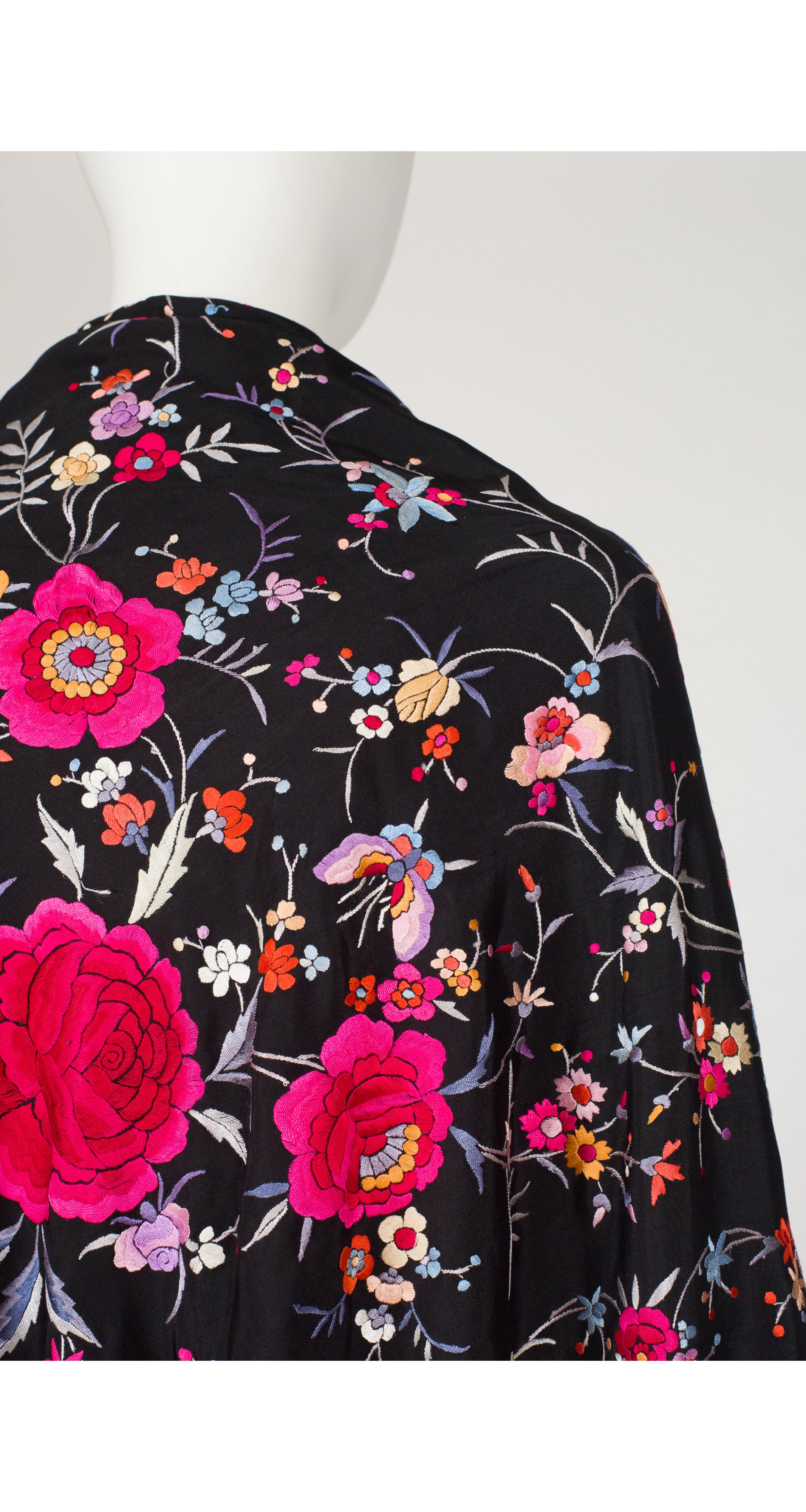 Art Deco Chinese Floral Embroidered Black Silk Fringe Shawl