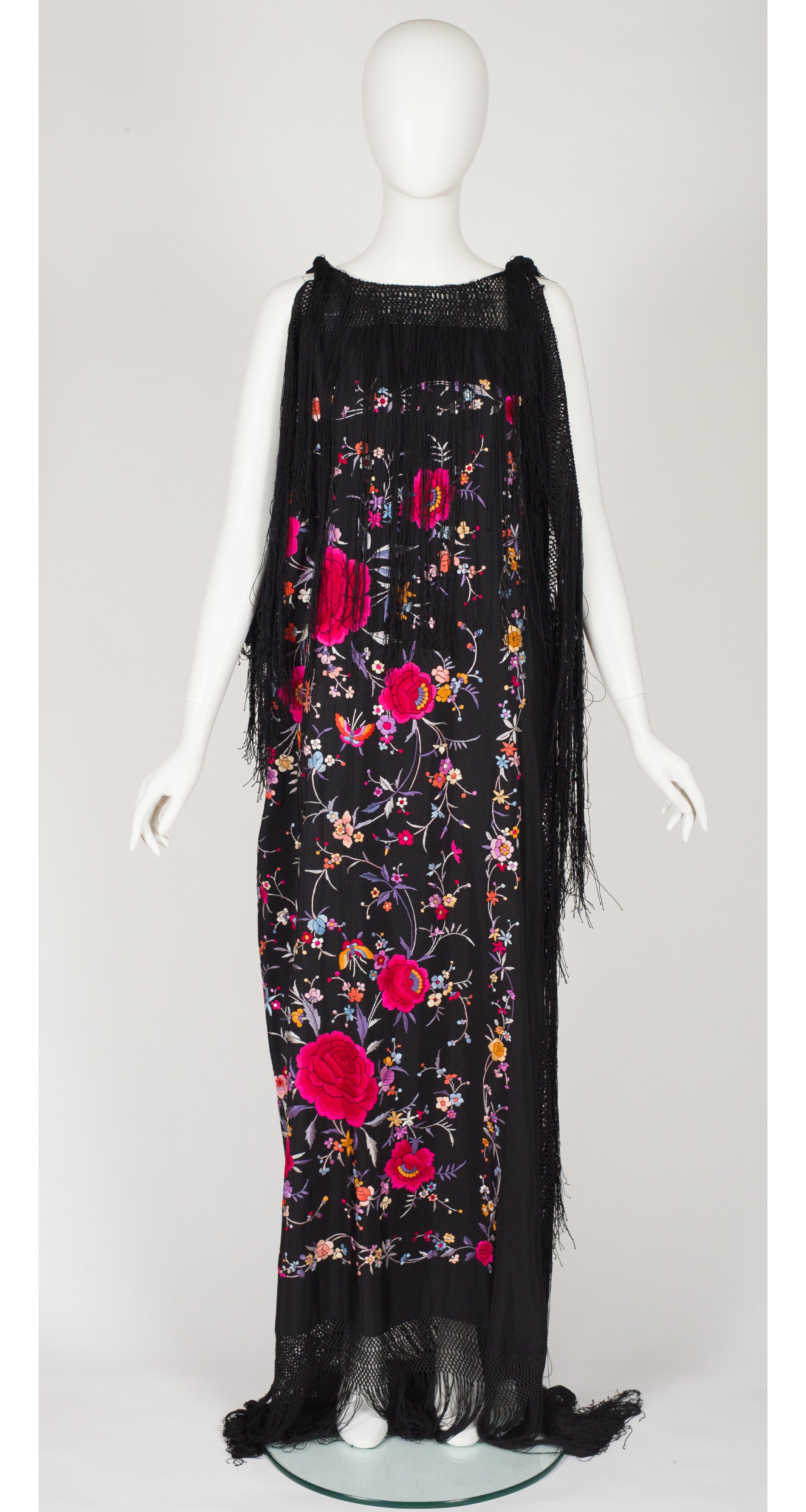 Art Deco Chinese Floral Embroidered Black Silk Fringe Shawl