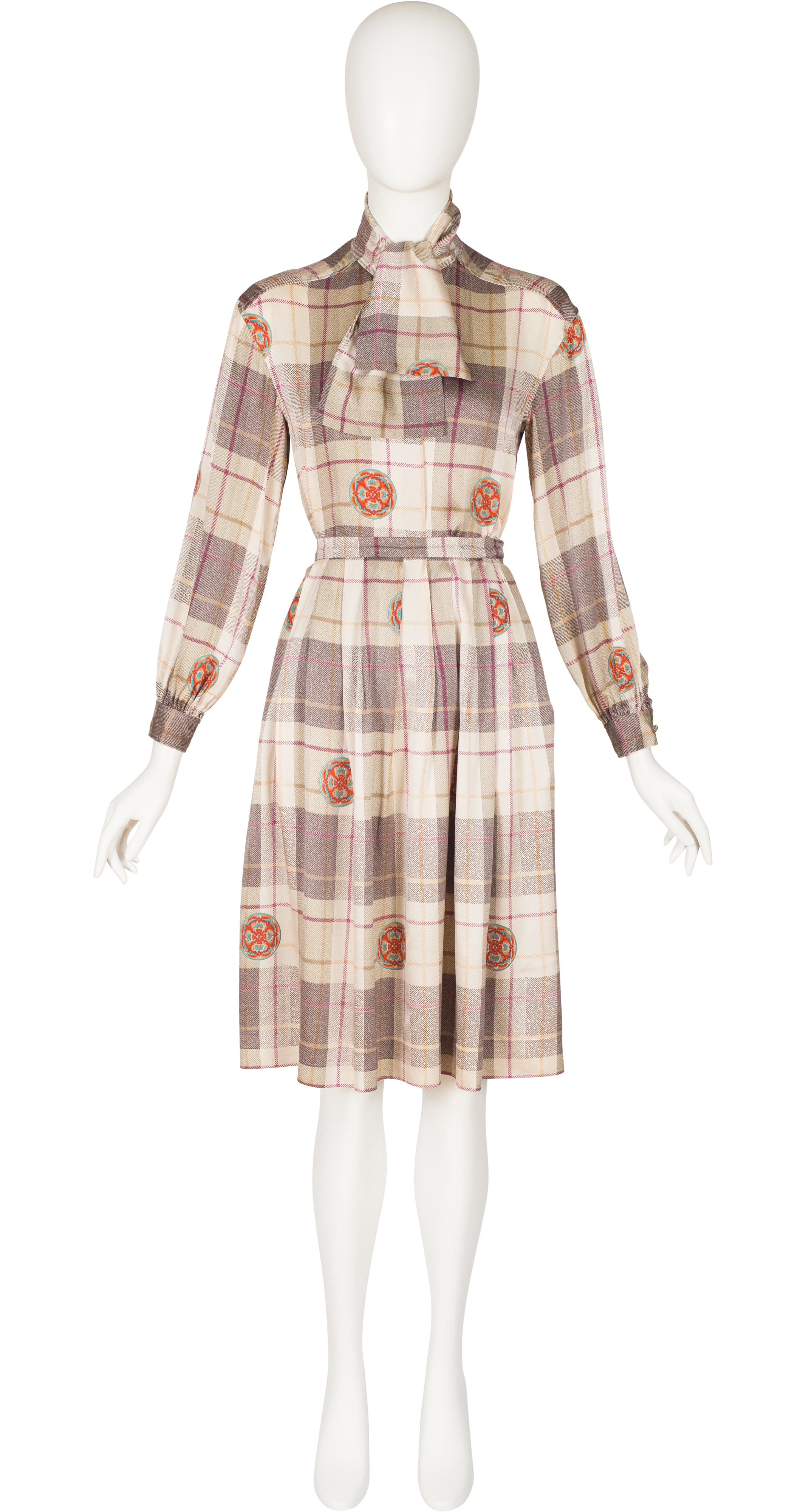 1980s Beige Plaid Silk Blouse & Pleated Skirt Set