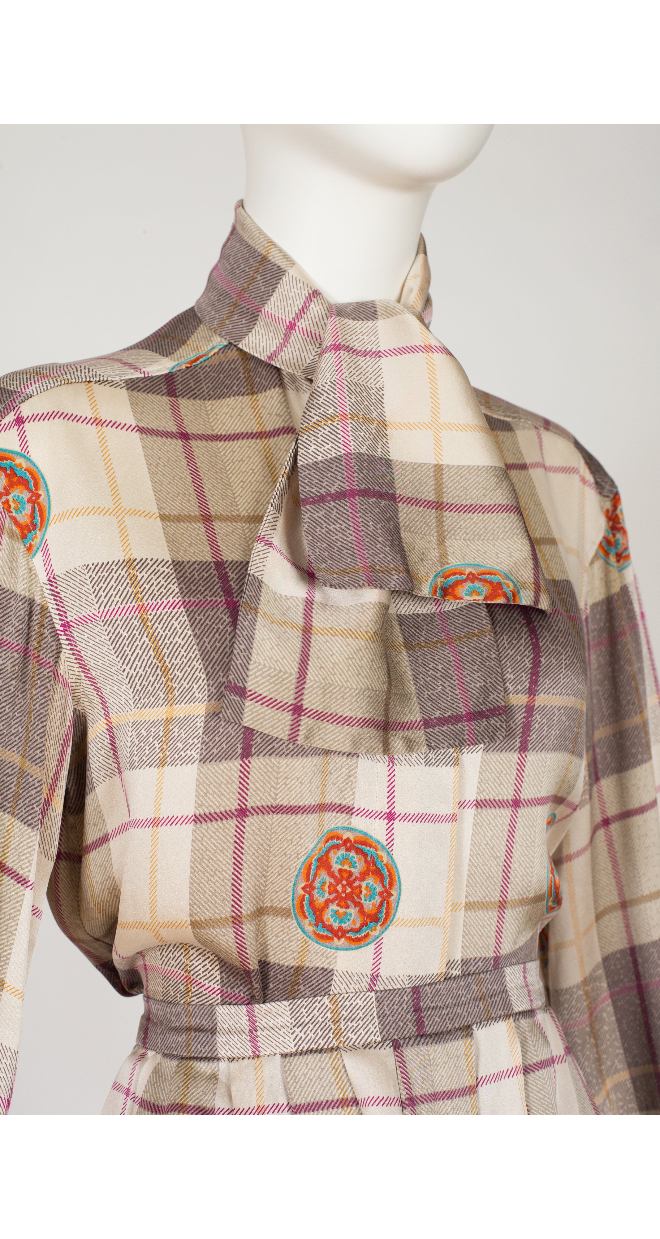 1980s Beige Plaid Silk Blouse & Pleated Skirt Set