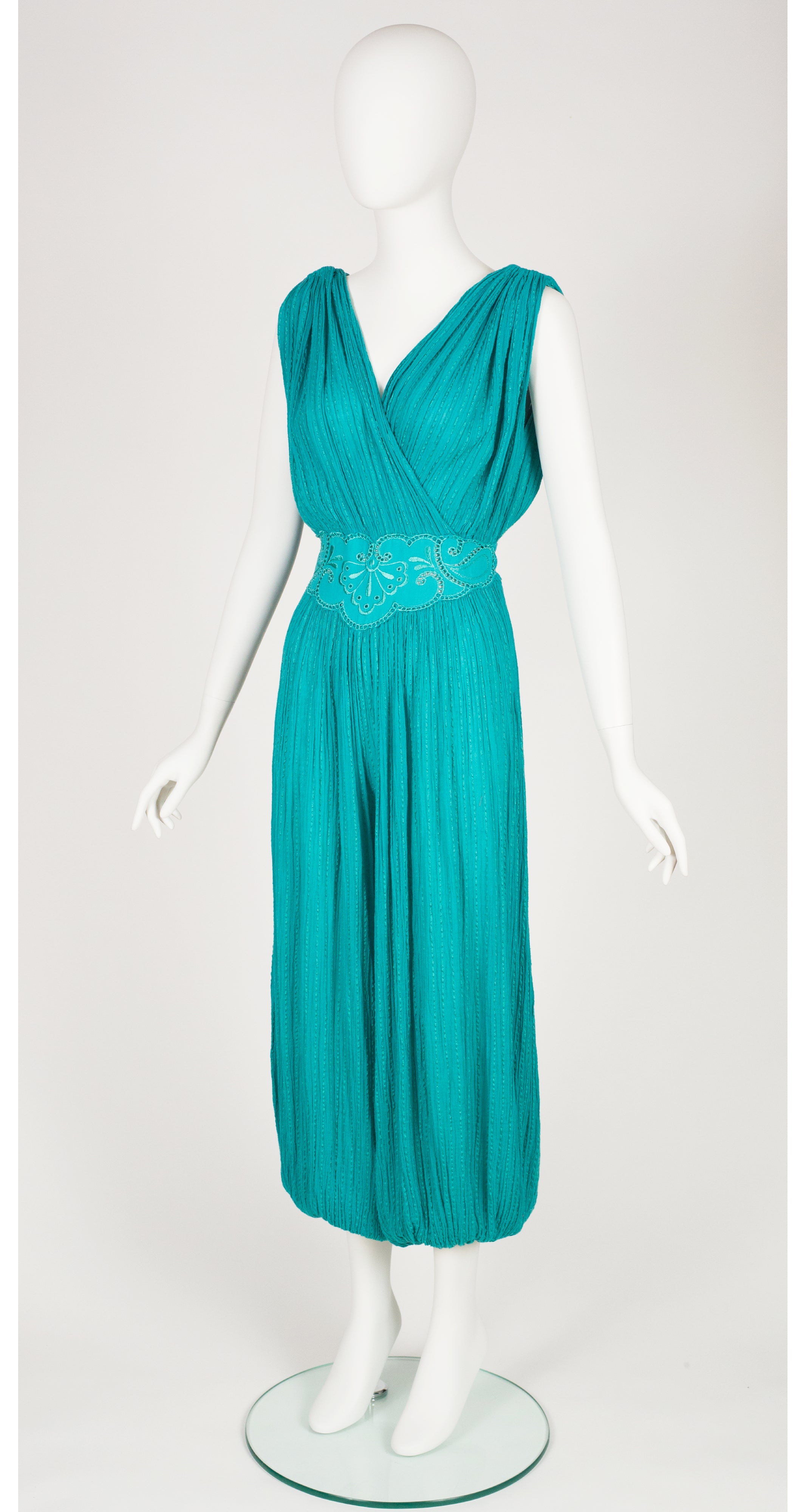 1980s Grecian Teal Cotton Gauze Harem Jumpsuit