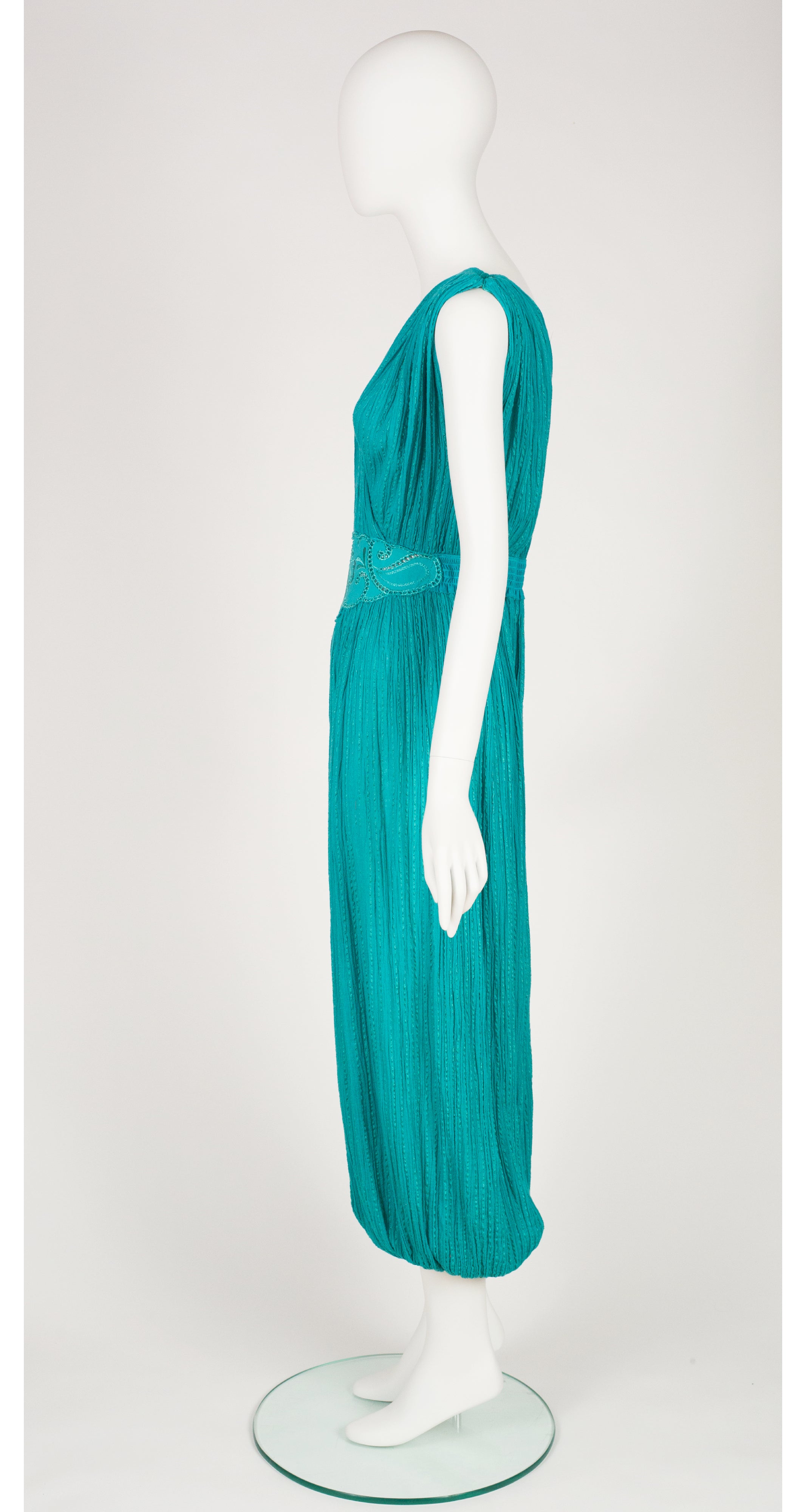 1980s Grecian Teal Cotton Gauze Harem Jumpsuit