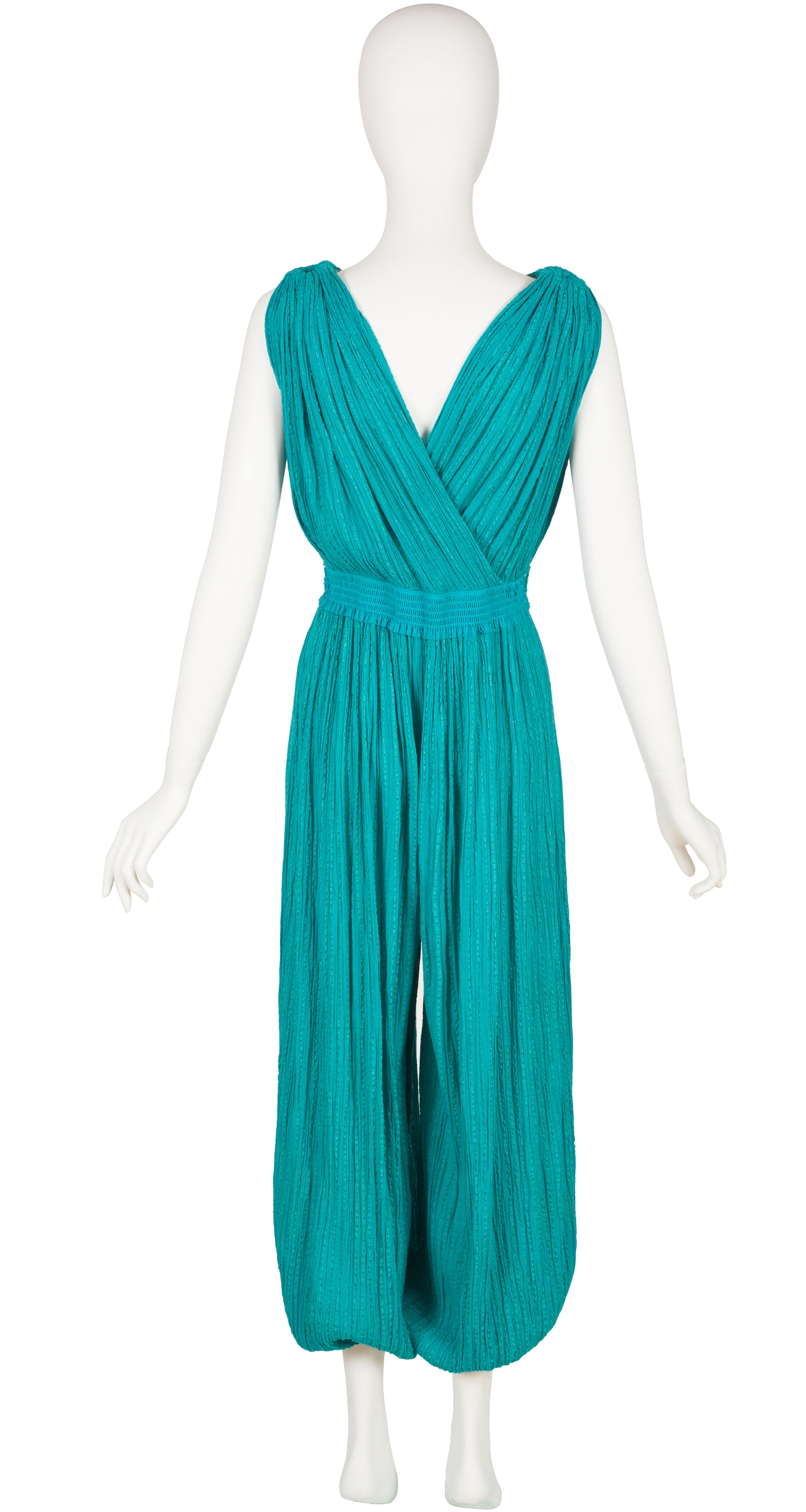1980s Grecian Teal Cotton Gauze Harem Jumpsuit