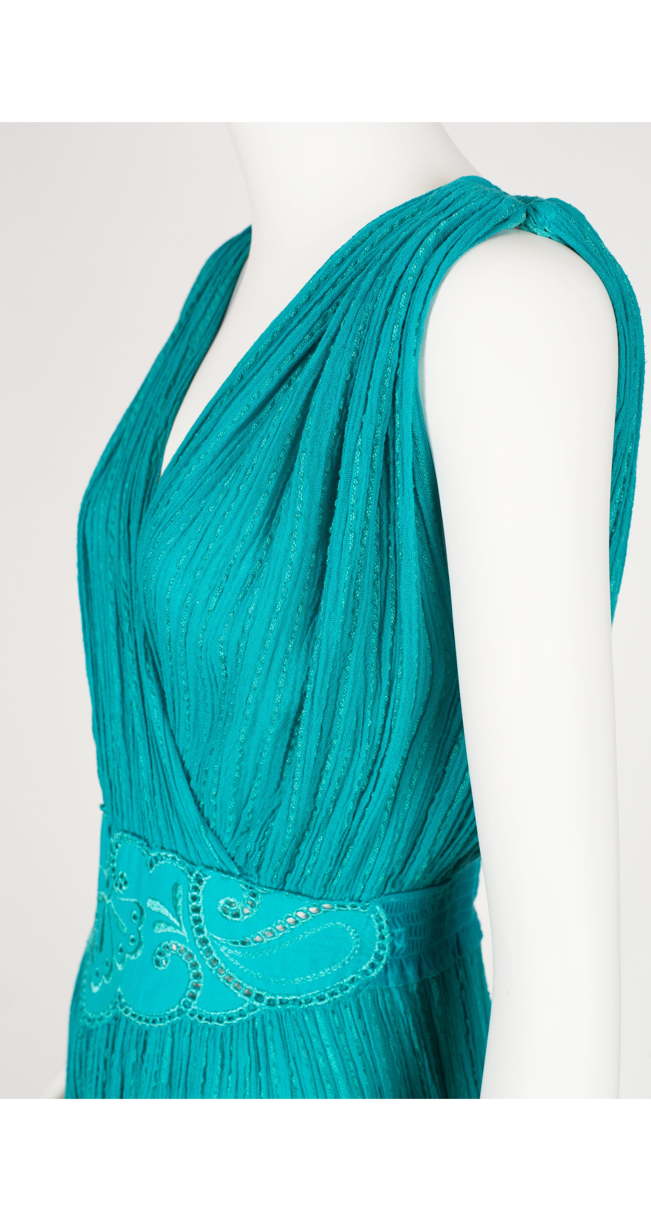 1980s Grecian Teal Cotton Gauze Harem Jumpsuit
