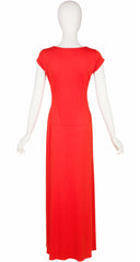 1970s Orange Jersey Scoop Neck Maxi Dress
